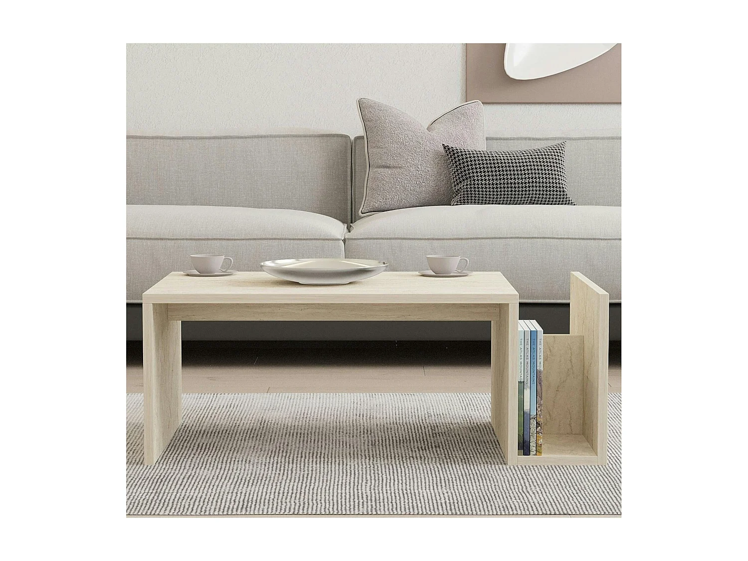 Table basse moderne effet travertin avec porte-revues MARFA