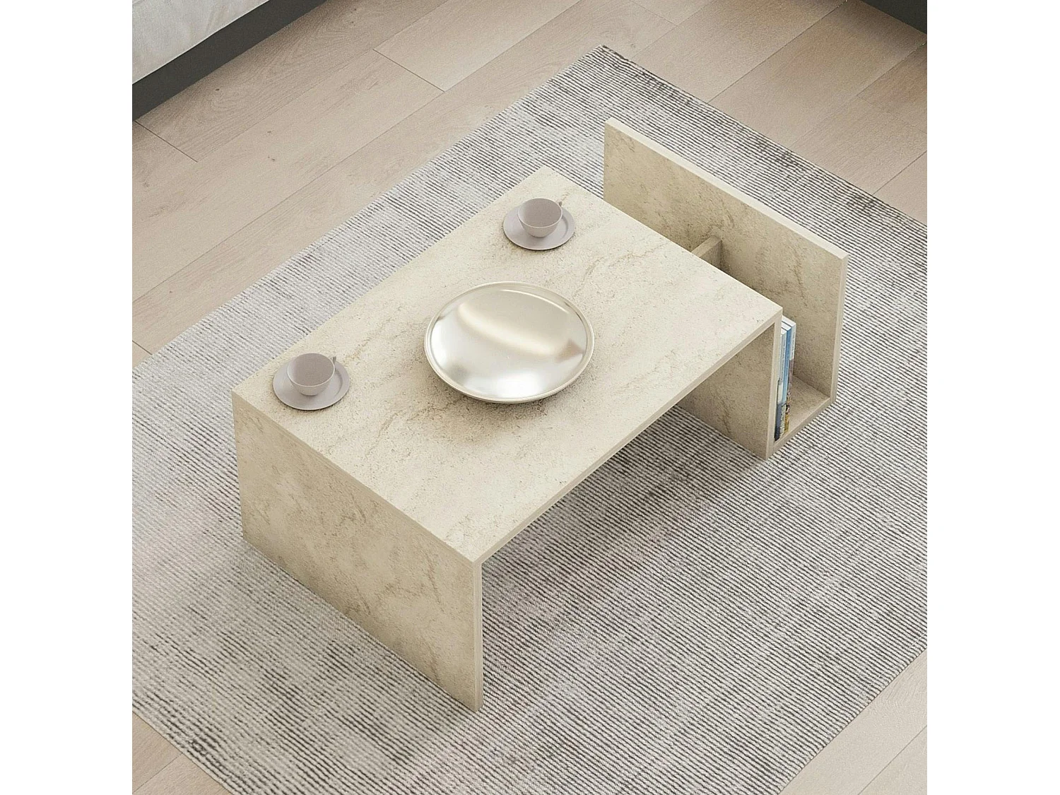 Table basse moderne effet travertin avec porte-revues MARFA