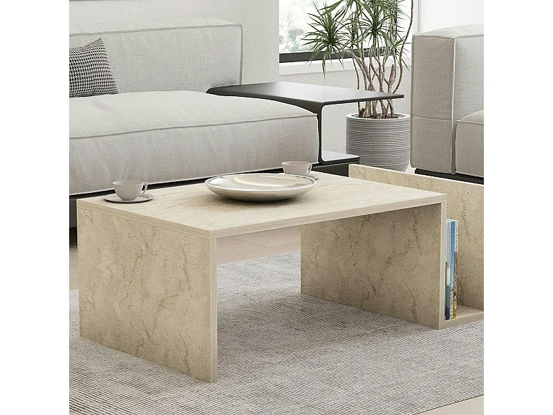 Table basse moderne effet travertin avec porte-revues MARFA