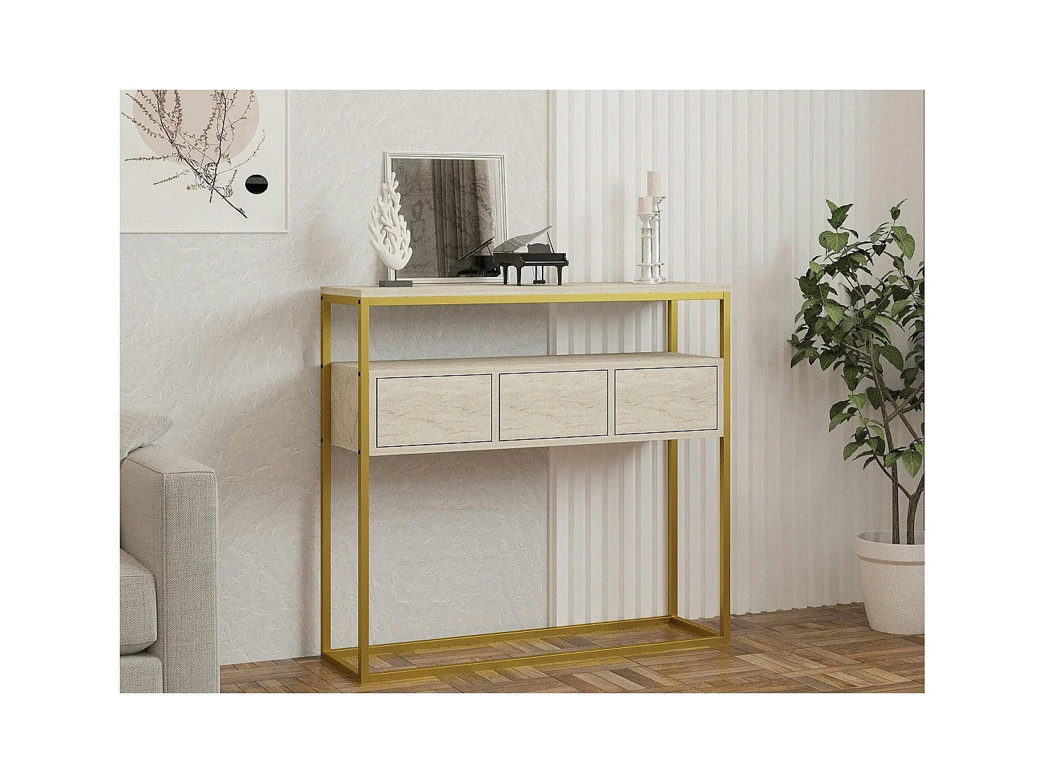 Console d'entrée rangements fermés, effet marbre beige JENA