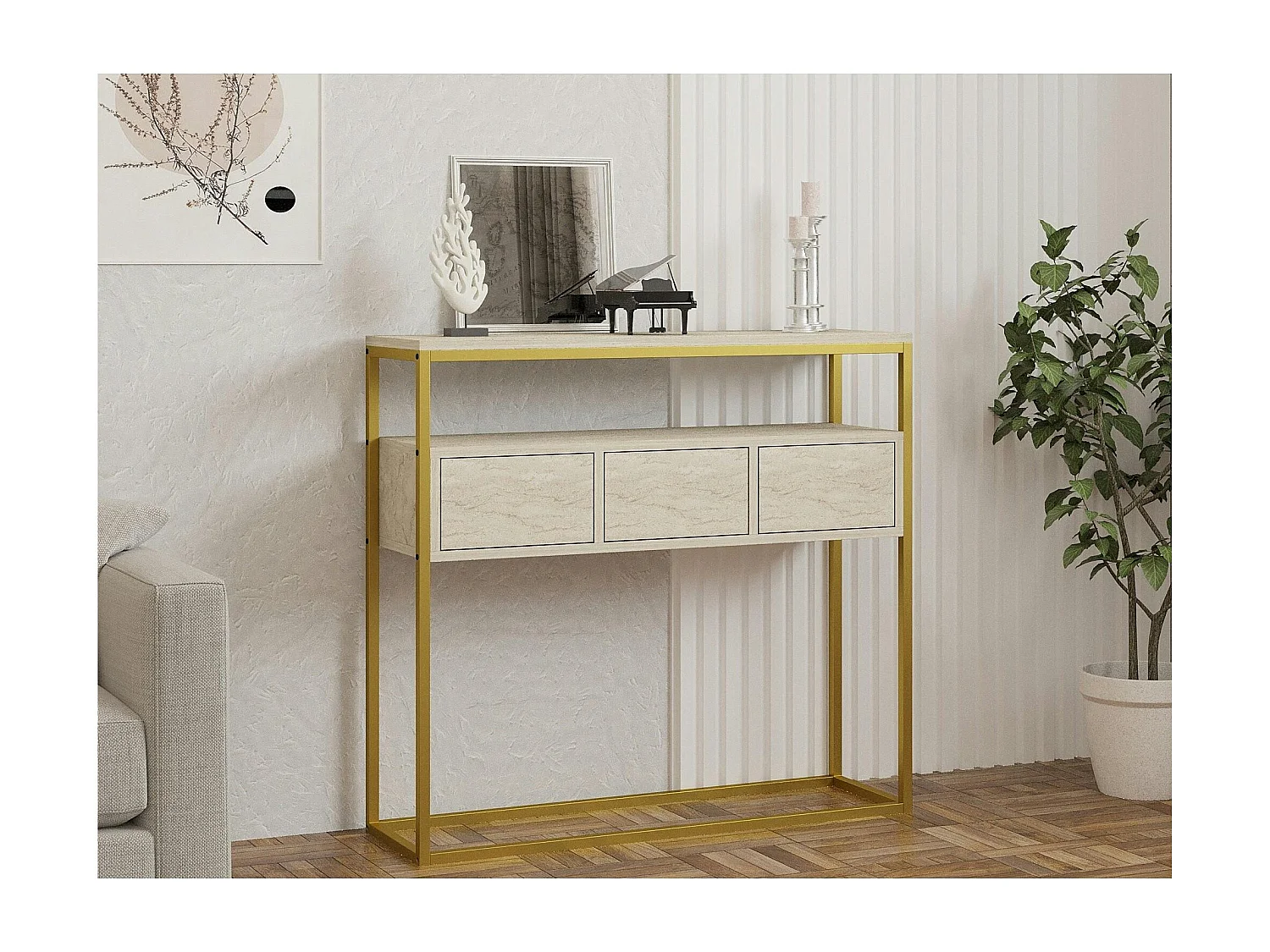 Console d'entrée rangements fermés, effet marbre beige JENA