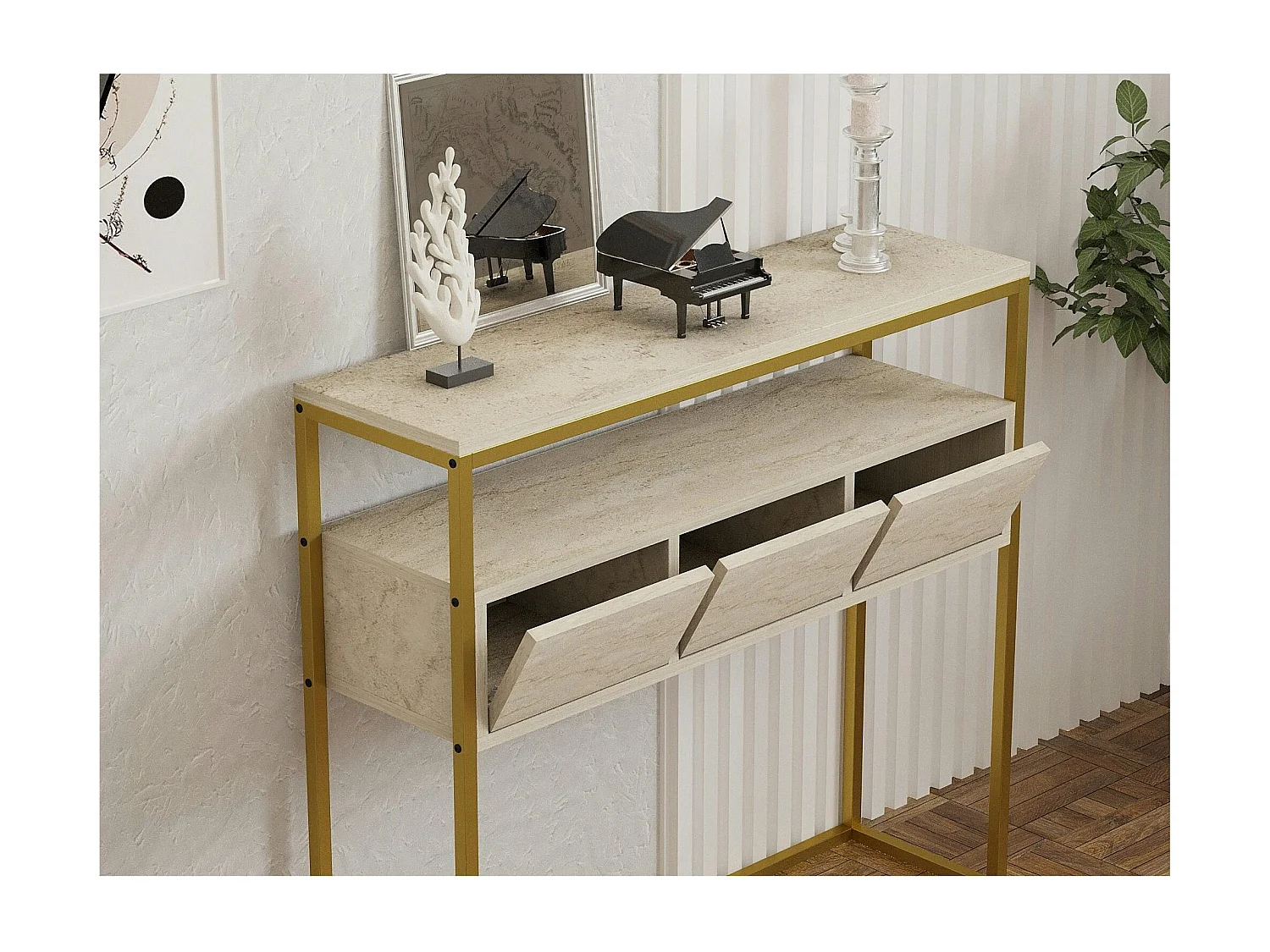 Console d'entrée rangements fermés, effet marbre beige JENA