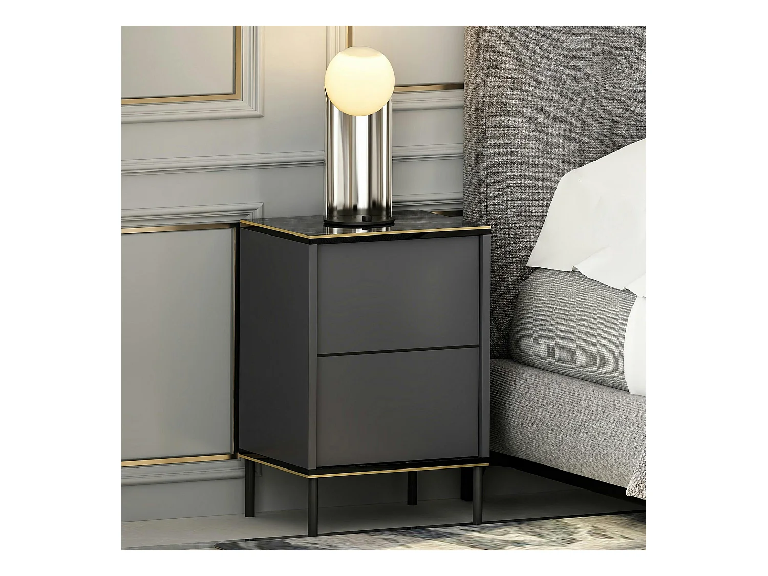 Table de nuit moderne chic gris foncé, plateau marbré BYRON