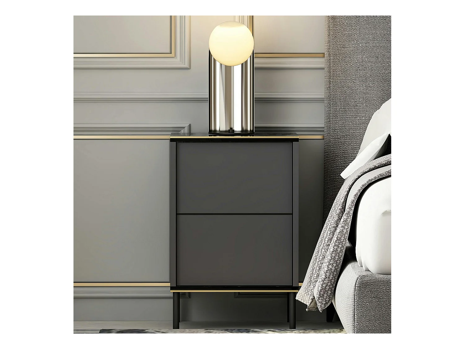 Table de nuit moderne chic gris foncé, plateau marbré BYRON