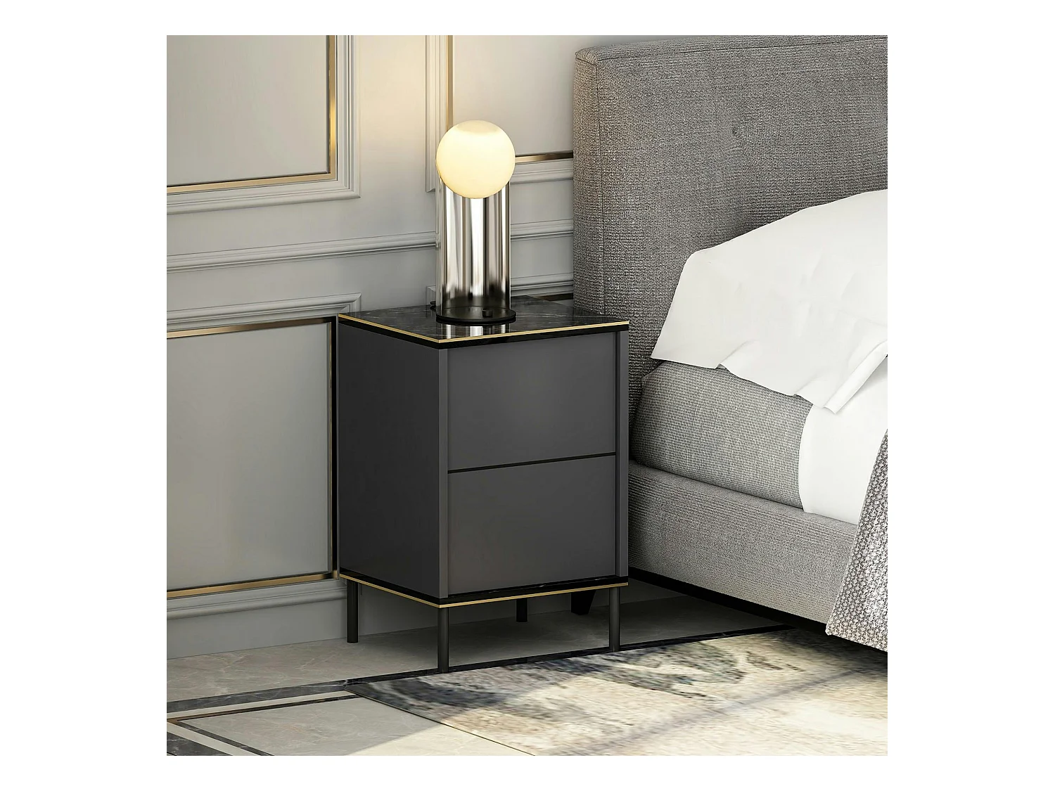 Table de nuit moderne chic gris foncé, plateau marbré BYRON