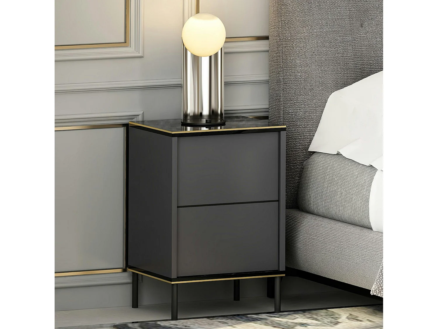 Table de nuit moderne chic gris foncé, plateau marbré BYRON