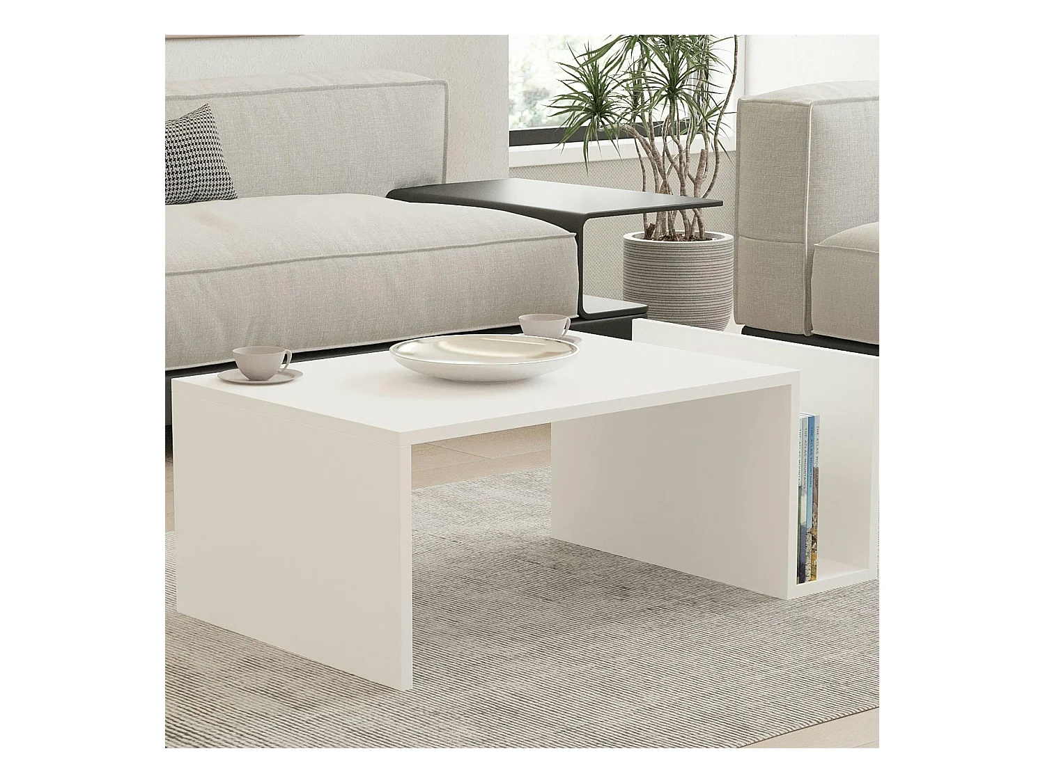 Table basse blanche moderne avec porte-revues MARFA