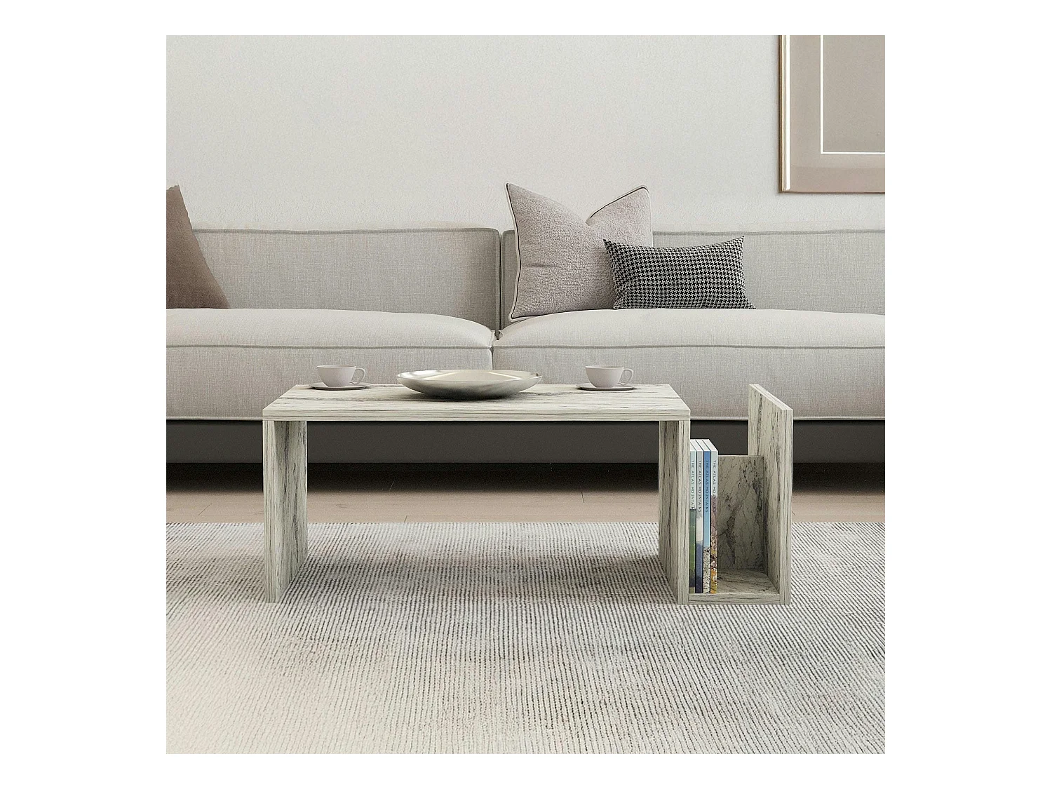 Table basse moderne effet marbre avec porte-revues MARFA