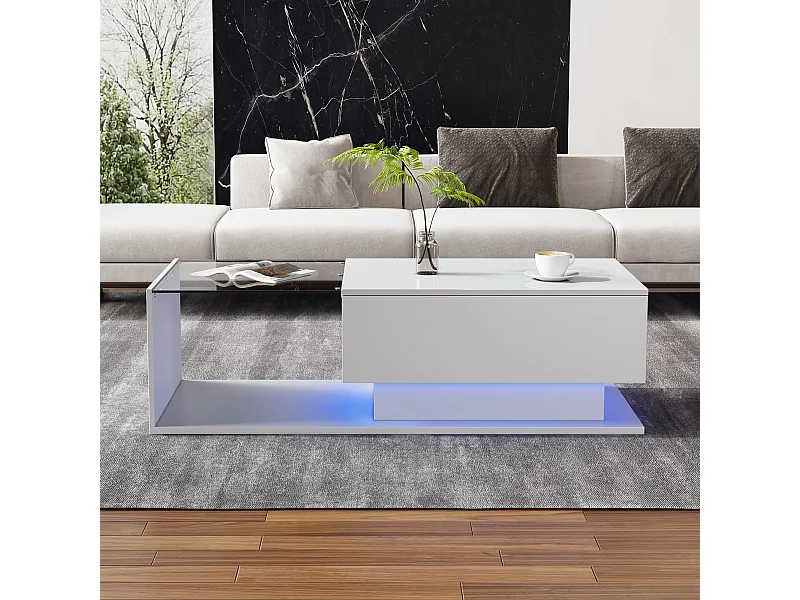Table basse laquée blanche avec plateau en verre et éclairage LED, moderne, avec tiroir