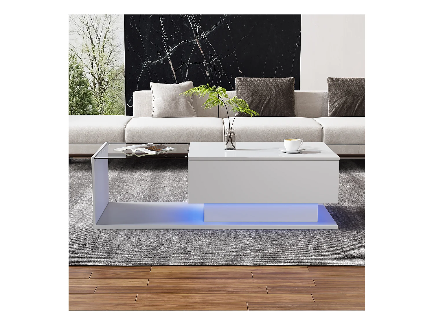 Table basse laquée blanche avec plateau en verre et éclairage LED, moderne, avec tiroir