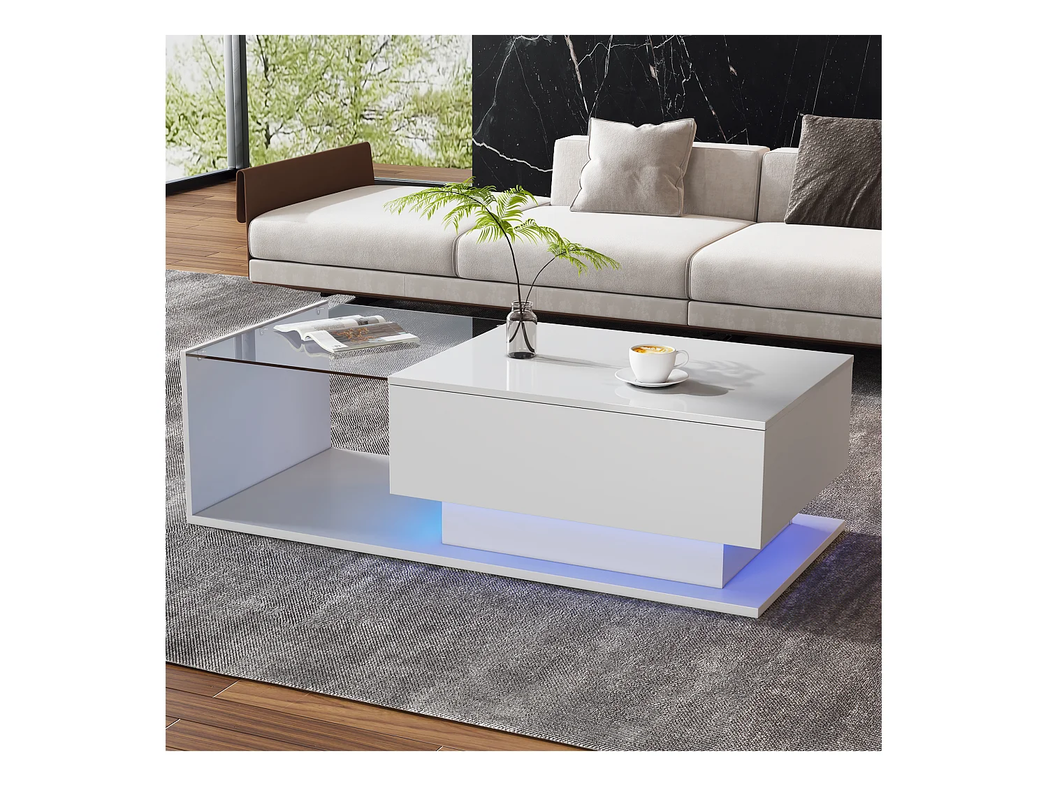 Table basse laquée blanche avec plateau en verre et éclairage LED, moderne, avec tiroir