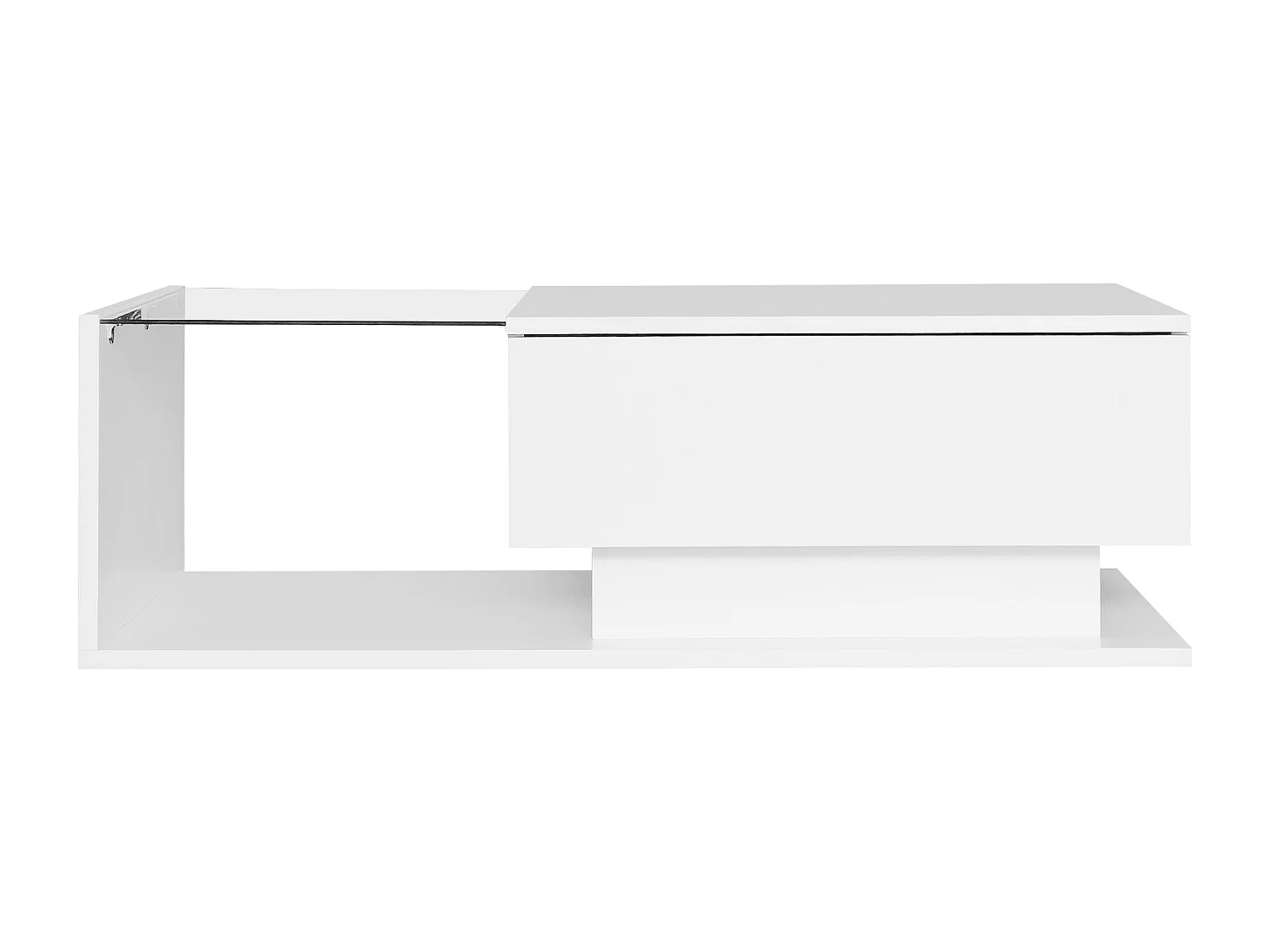 Table basse laquée blanche avec plateau en verre et éclairage LED, moderne, avec tiroir