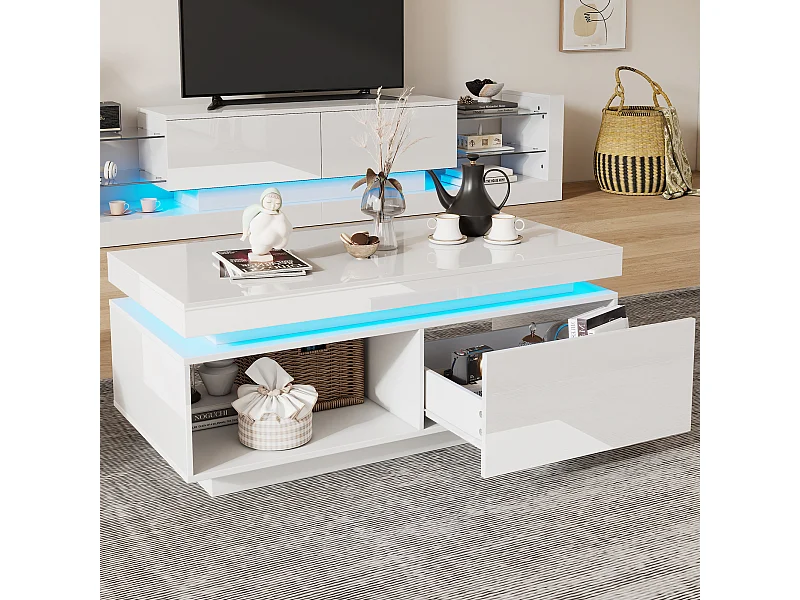 Table Basse Moderne en Haut Brillant avec Éclairage LED, Élégant avec Tiroir et Capacité de Charge de 50 kg