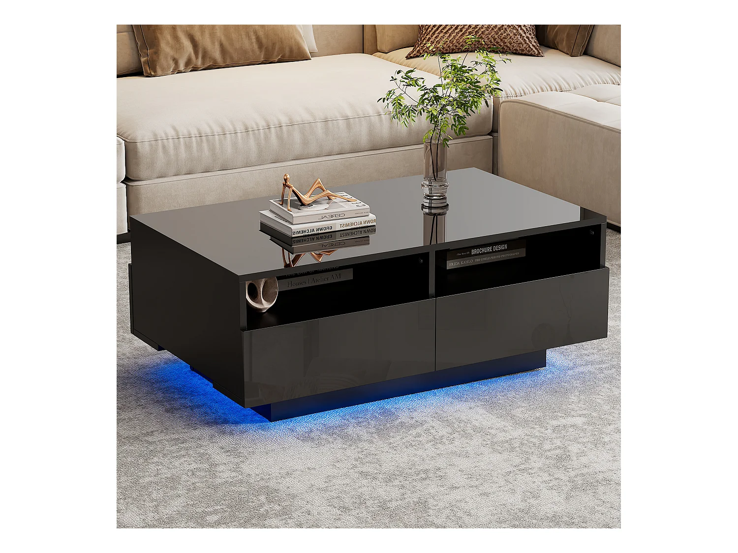 Table basse haute brillance avec LED 16 couleurs et 4 tiroirs, table centrale moderne avec USB, idéale pour salon ou chambre.