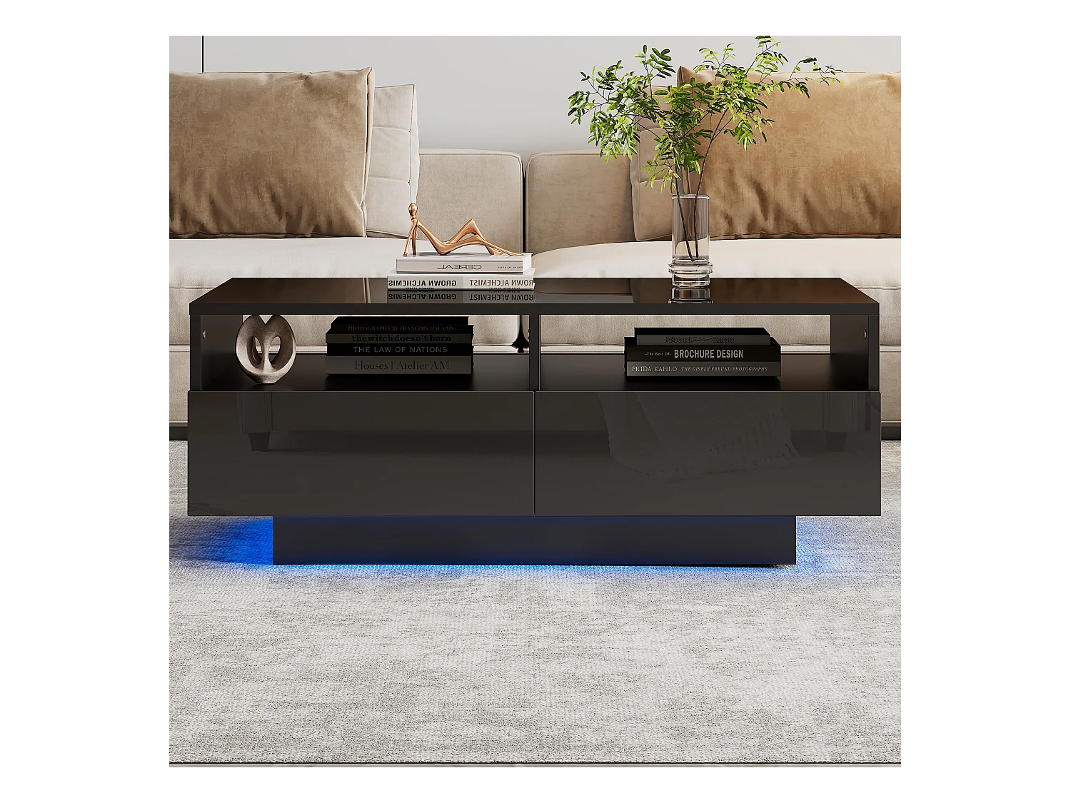 Table basse haute brillance avec LED 16 couleurs et 4 tiroirs, table centrale moderne avec USB, idéale pour salon ou chambre.