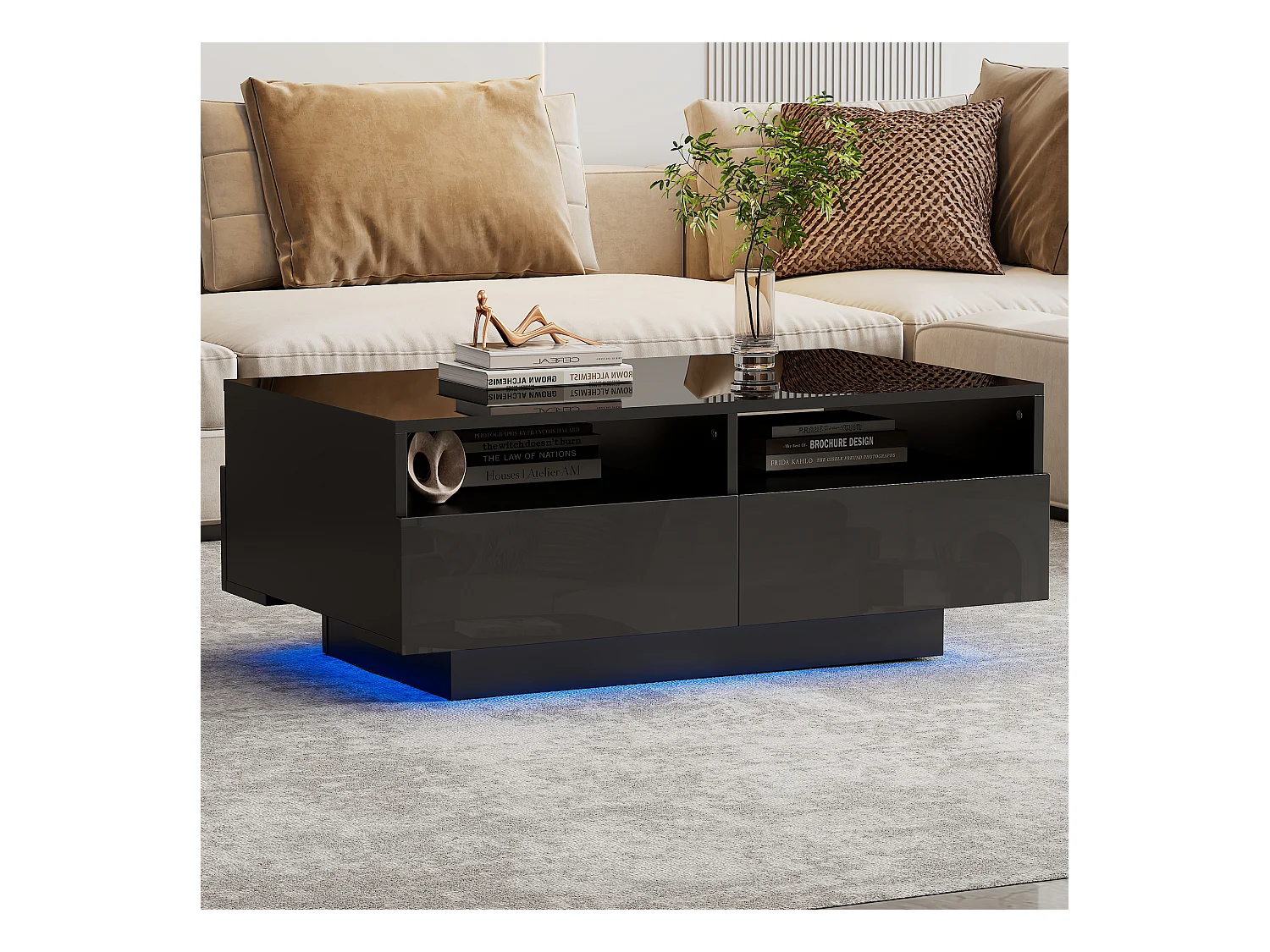 Table basse haute brillance avec LED 16 couleurs et 4 tiroirs, table centrale moderne avec USB, idéale pour salon ou chambre.