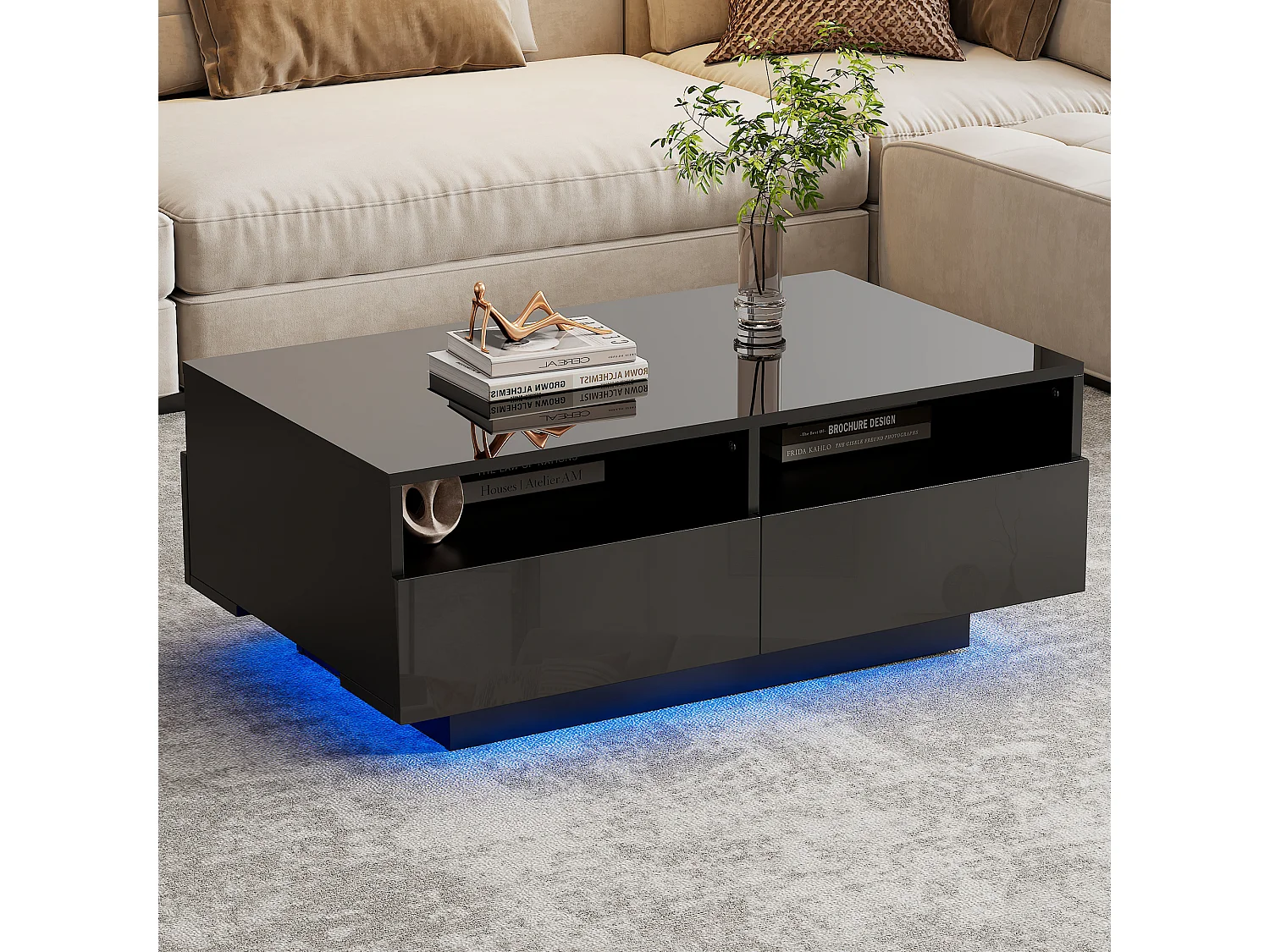 Table basse haute brillance avec LED 16 couleurs et 4 tiroirs, table centrale moderne avec USB, idéale pour salon ou chambre.