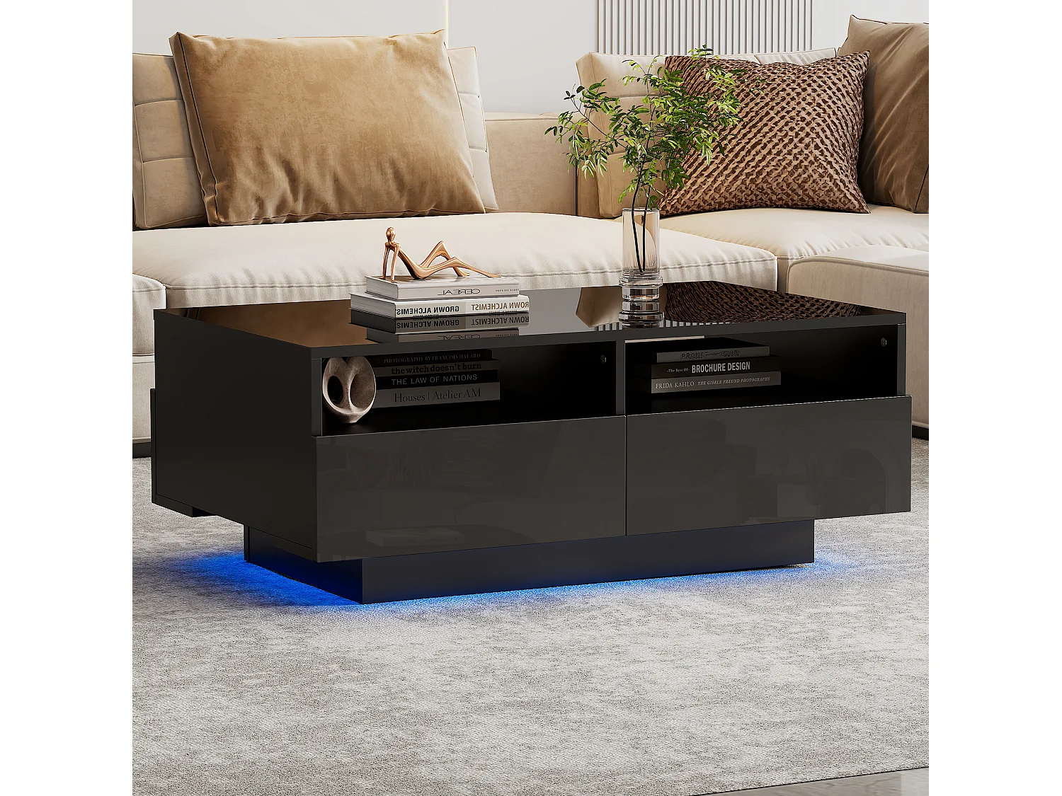 Table basse haute brillance avec LED 16 couleurs et 4 tiroirs, table centrale moderne avec USB, idéale pour salon ou chambre.