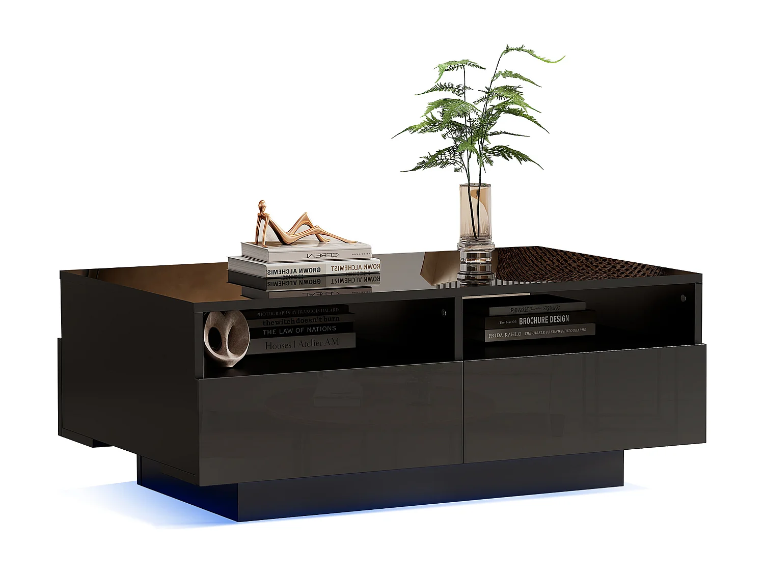 Table basse haute brillance avec LED 16 couleurs et 4 tiroirs, table centrale moderne avec USB, idéale pour salon ou chambre.