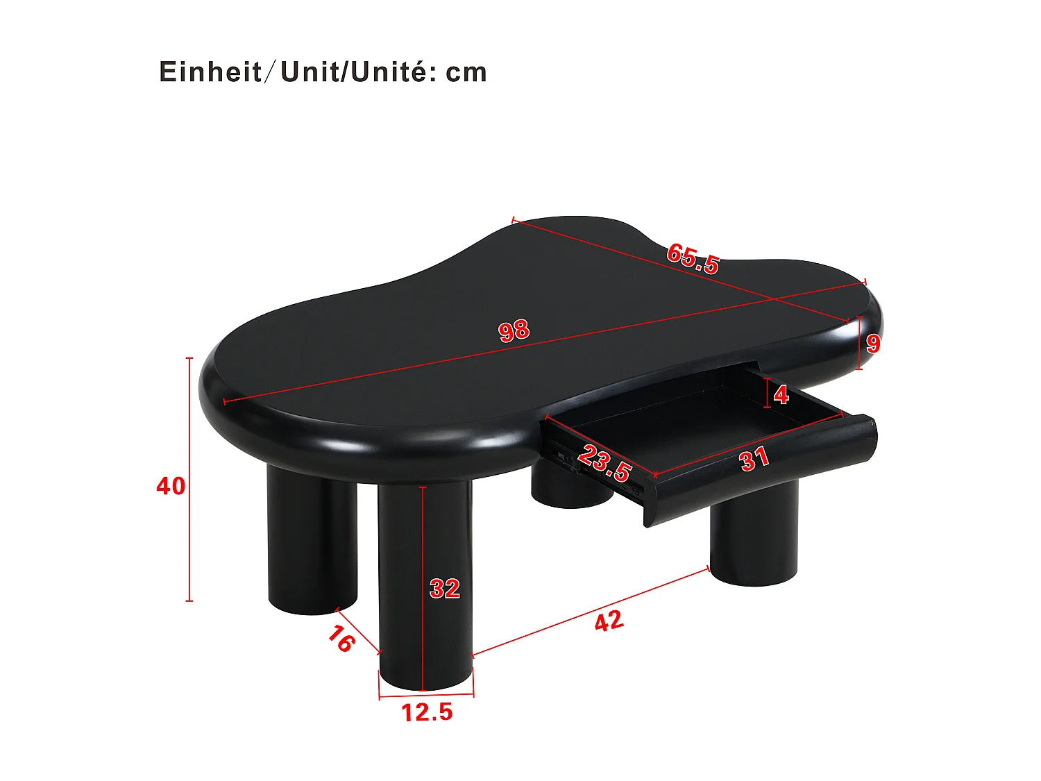 Table basse blanche en forme de nuage en MDF avec LED 16 couleurs & tiroir – design moderne avec rangement
