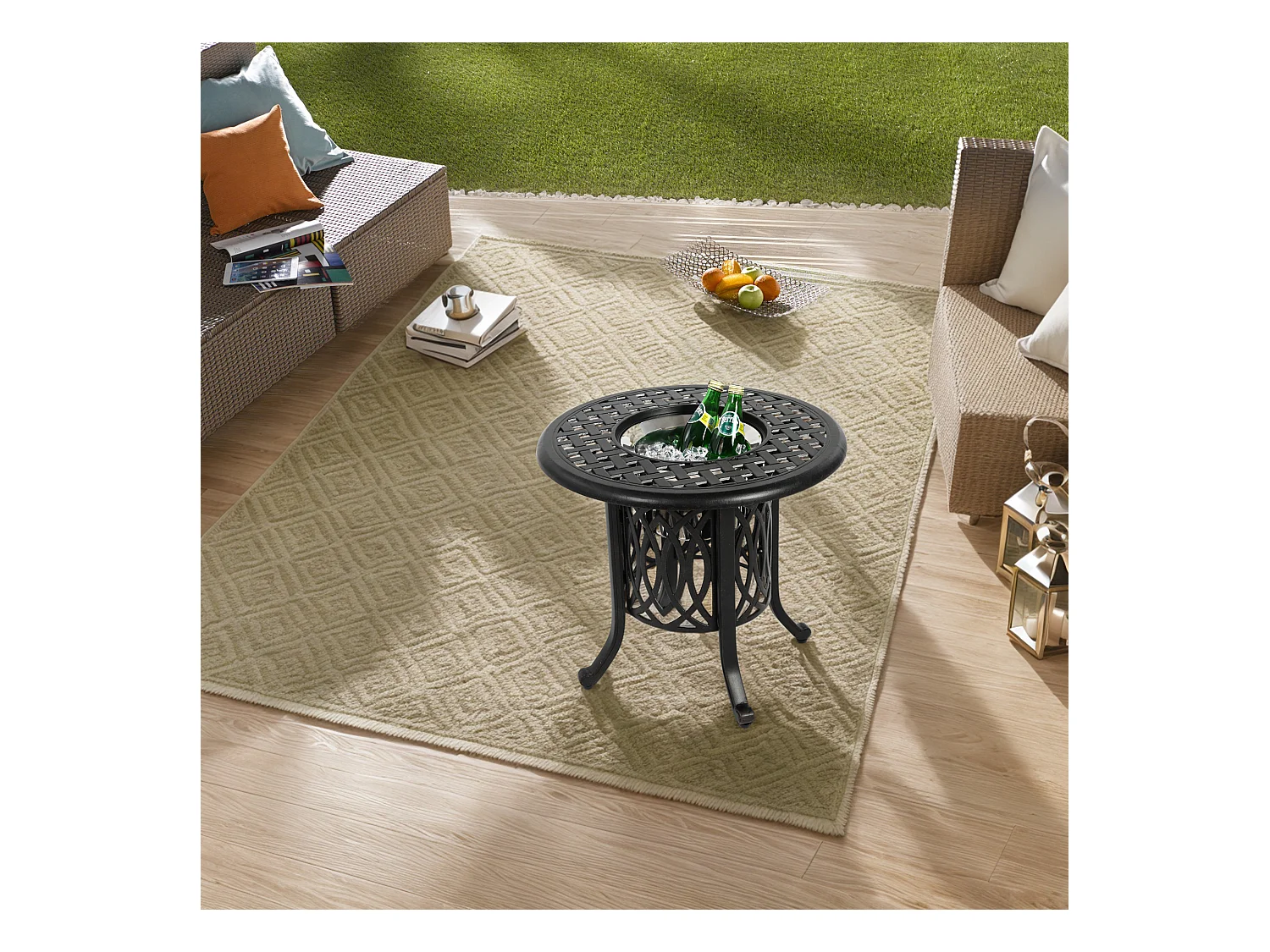 Table d’extérieur en aluminium avec glaçonnière, table d’appoint de patio avec pieds réglables, petite table basse jardin.