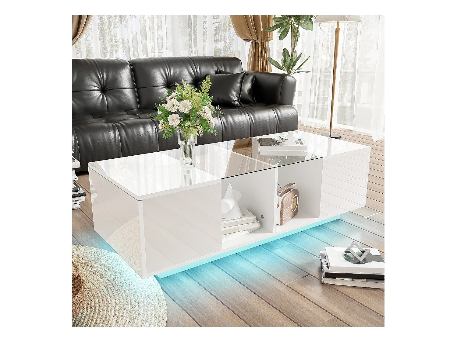 Table basse blanche moderne avec éclairage LED, plateau brillant, design élégant 120x50x38,5 cm