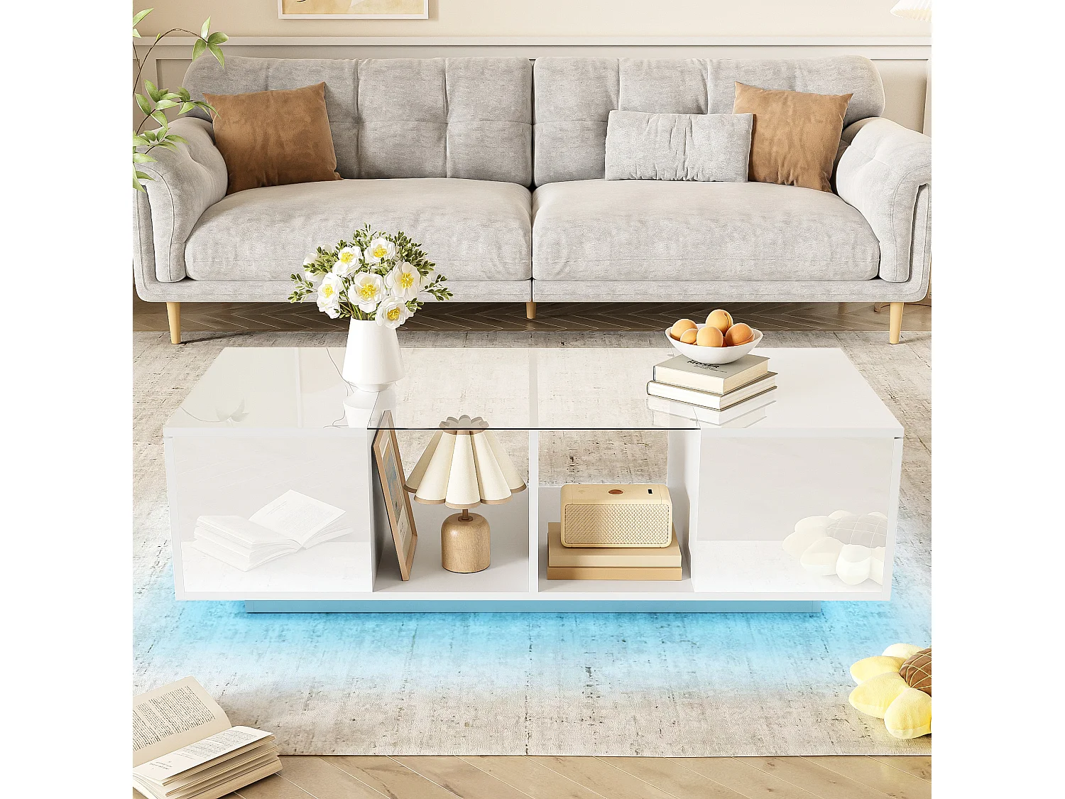 Table basse blanche moderne avec éclairage LED, plateau brillant, design élégant 120x50x38,5 cm