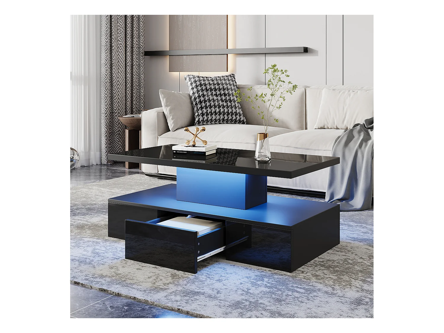 Table basse à deux niveaux avec LED 16 couleurs, finition brillante, étagère ouverte et tiroir coulissant, table centrale rectangulaire noire