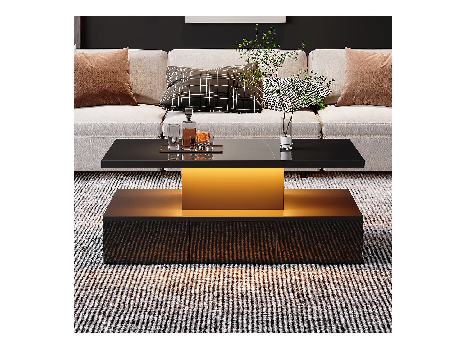 Table basse à deux niveaux avec LED 16 couleurs, finition brillante, étagère ouverte et tiroir coulissant, table centrale rectangulaire noire