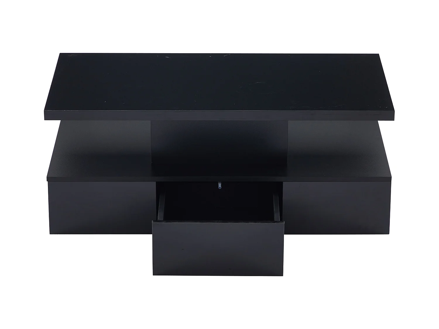 Table basse à deux niveaux avec LED 16 couleurs, finition brillante, étagère ouverte et tiroir coulissant, table centrale rectangulaire noire