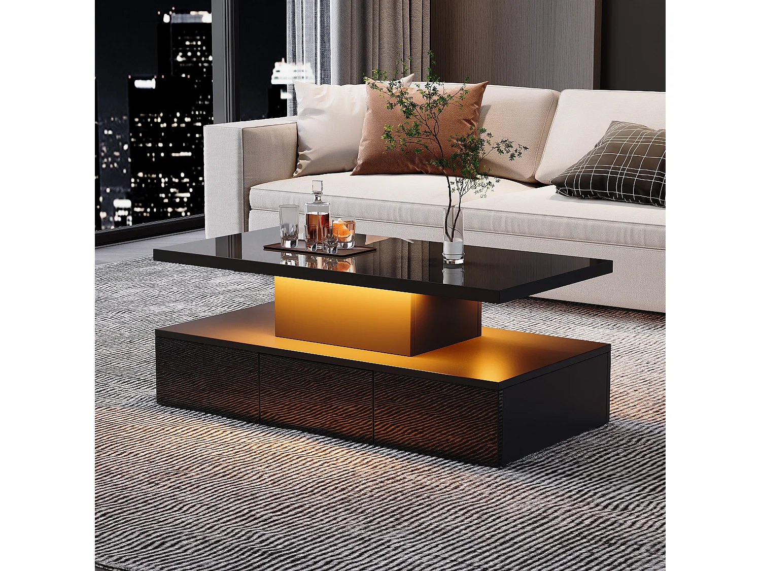 Table basse à deux niveaux avec LED 16 couleurs, finition brillante, étagère ouverte et tiroir coulissant, table centrale rectangulaire noire