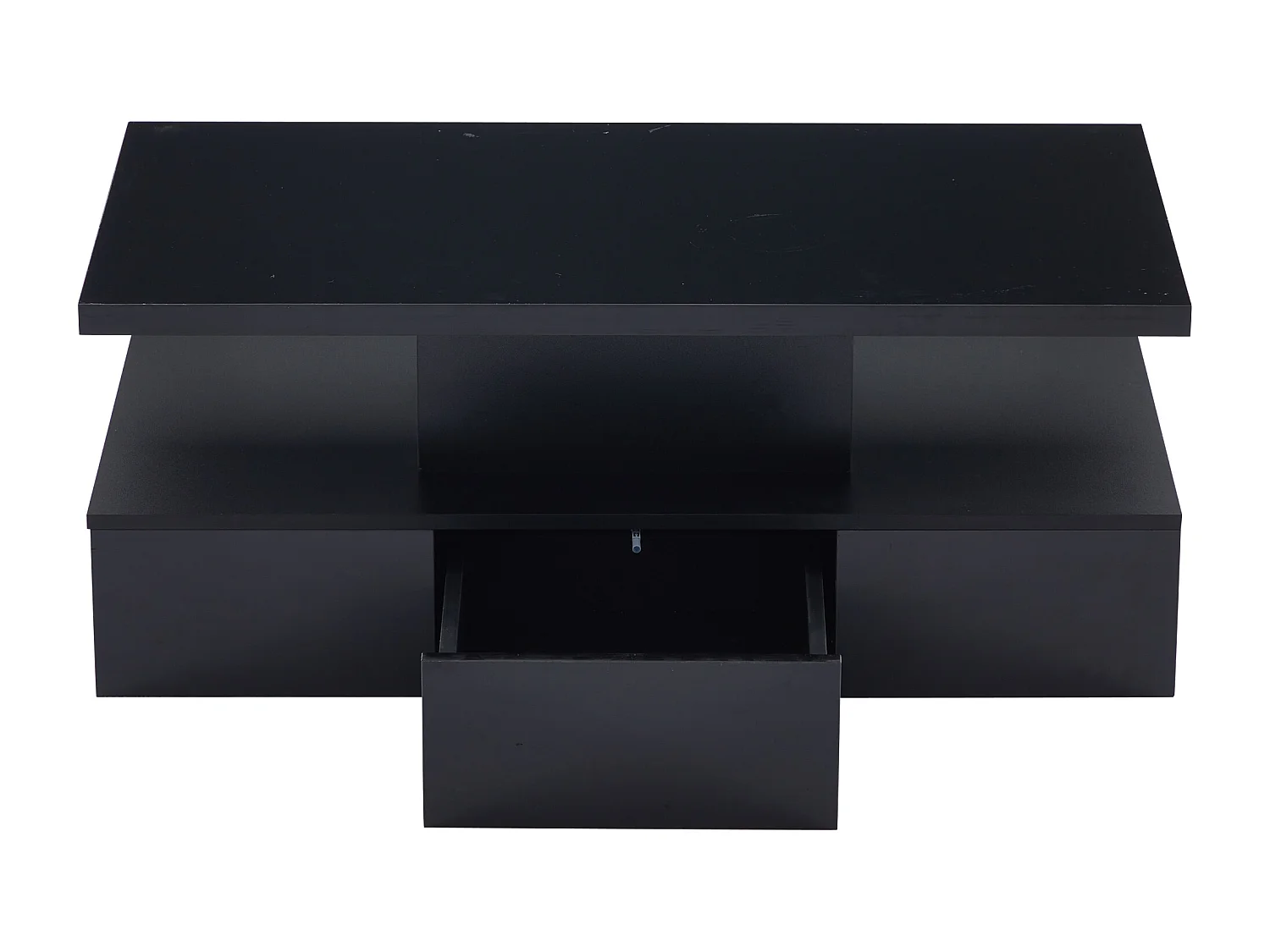 Table basse à deux niveaux avec LED 16 couleurs, finition brillante, étagère ouverte et tiroir coulissant, table centrale rectangulaire noire