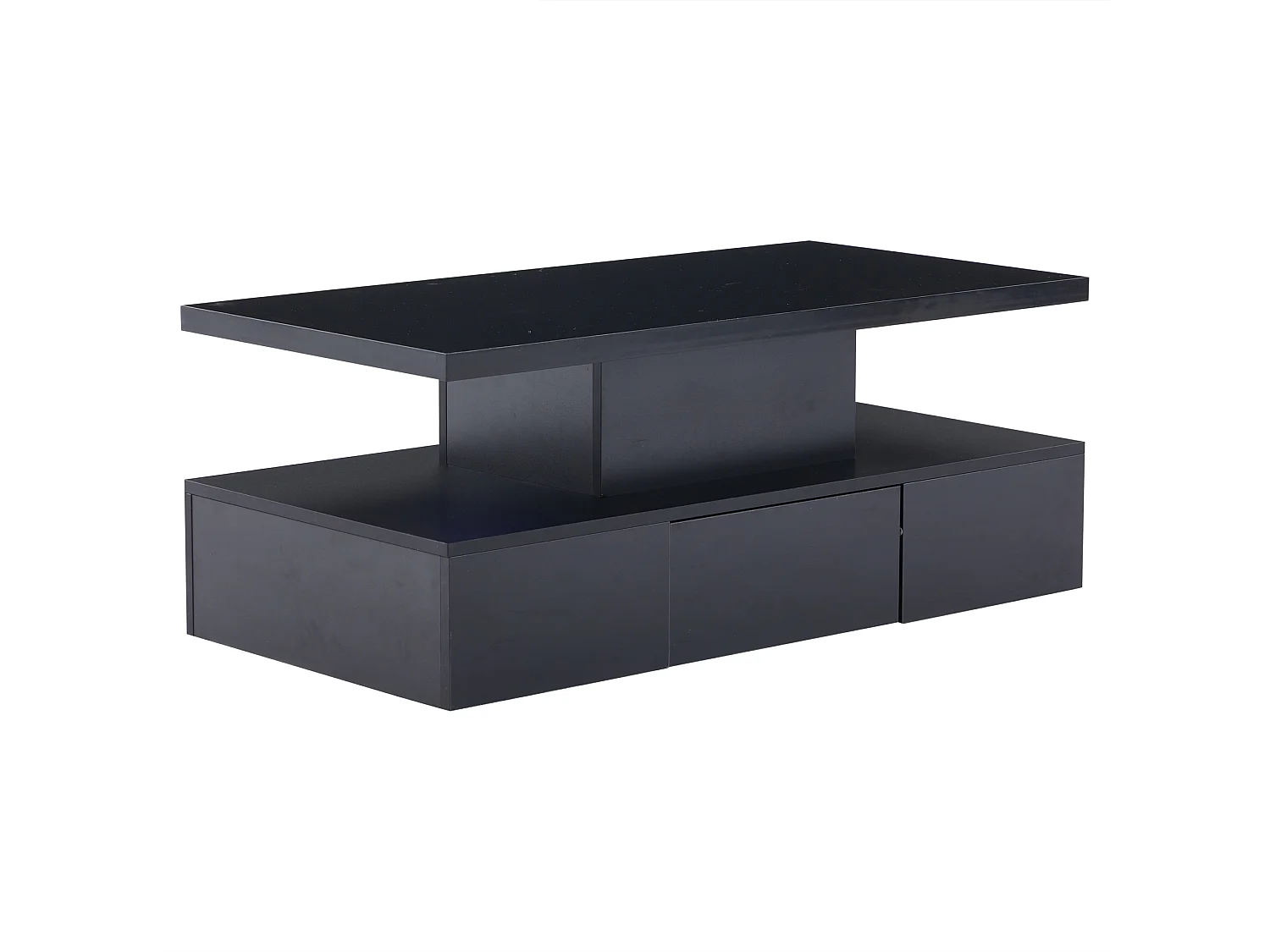 Table basse à deux niveaux avec LED 16 couleurs, finition brillante, étagère ouverte et tiroir coulissant, table centrale rectangulaire noire