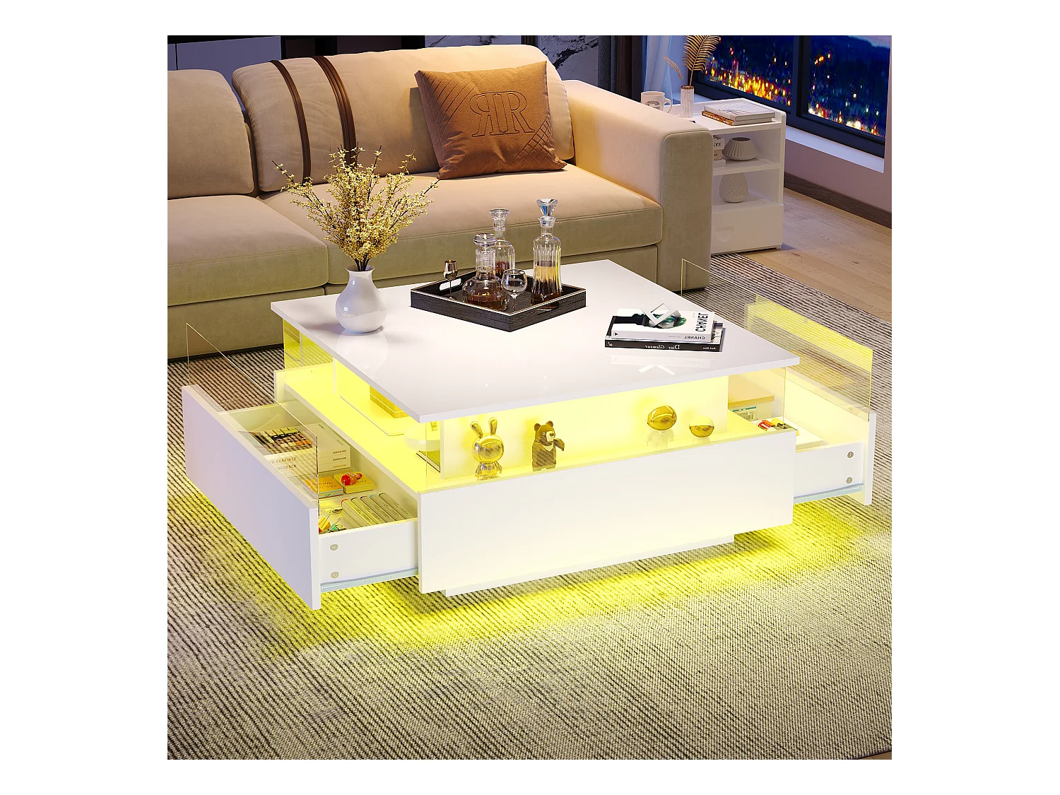 Table basse moderne LED haute brillance 70×70×41 cm avec 2 tiroirs et zone vitrine transparente, capacité 30 kg, idéale pour salon stylé.