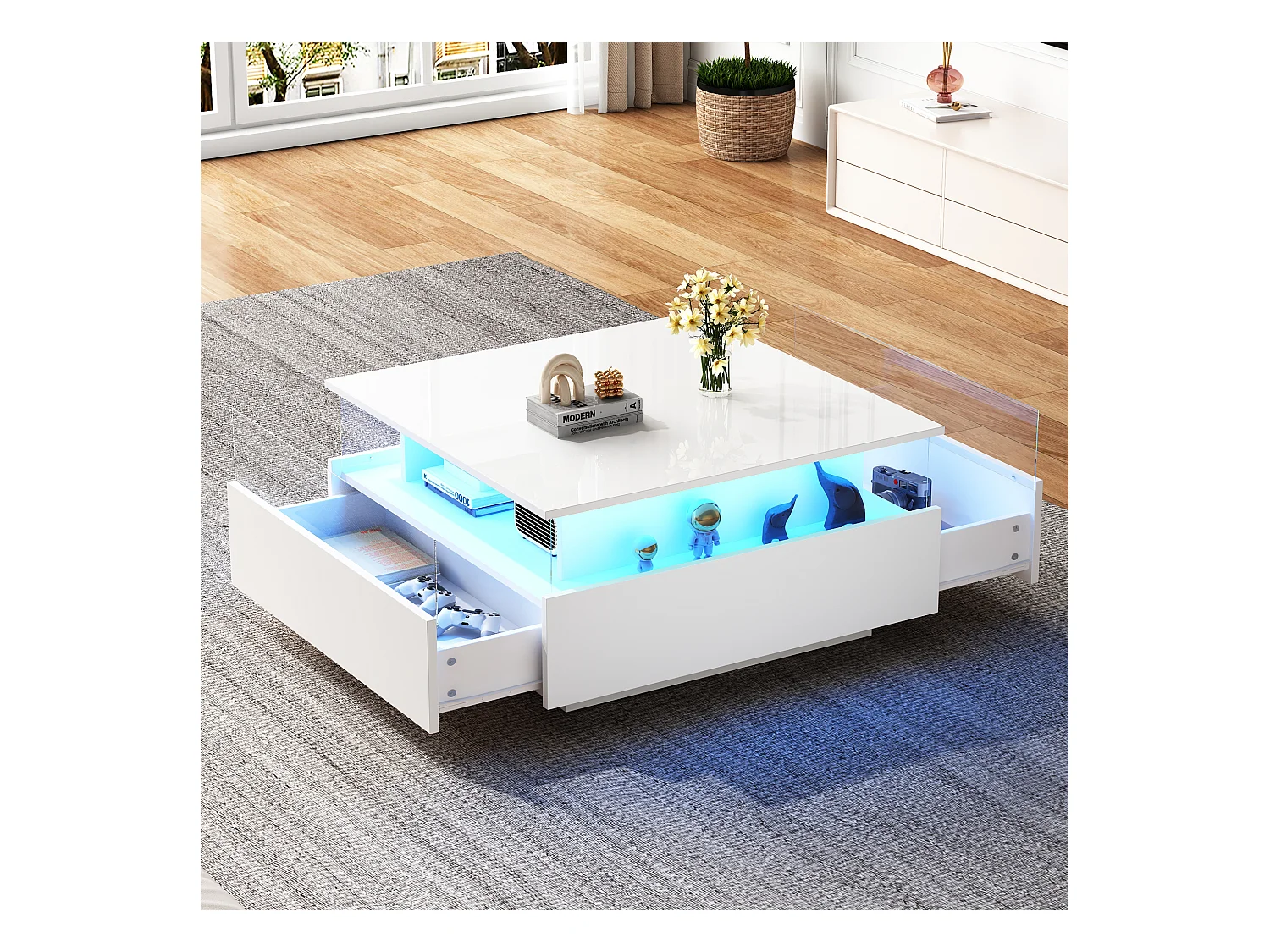 Table basse moderne LED haute brillance 70×70×41 cm avec 2 tiroirs et zone vitrine transparente, capacité 30 kg, idéale pour salon stylé.