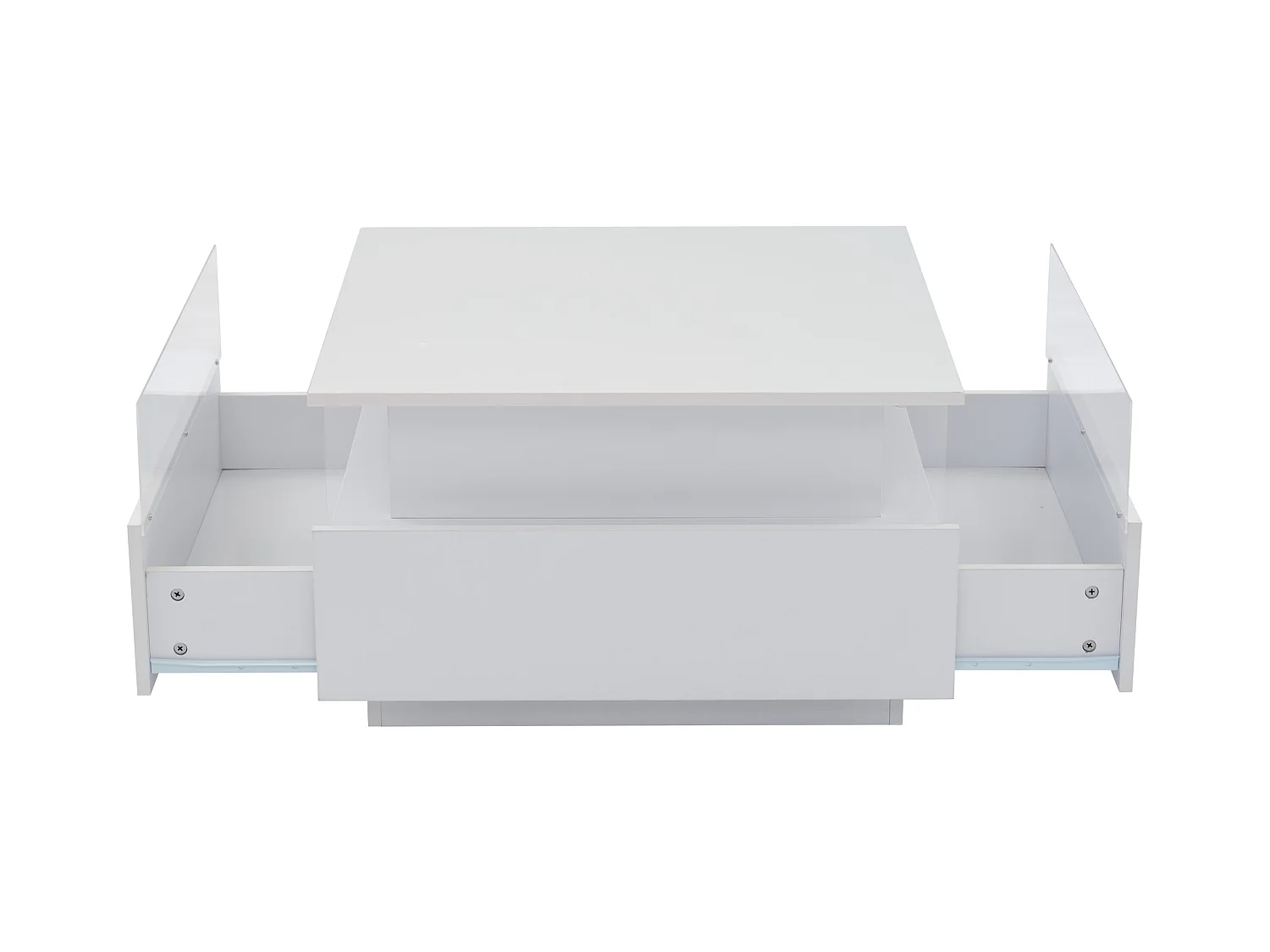 Table basse moderne LED haute brillance 70×70×41 cm avec 2 tiroirs et zone vitrine transparente, capacité 30 kg, idéale pour salon stylé.