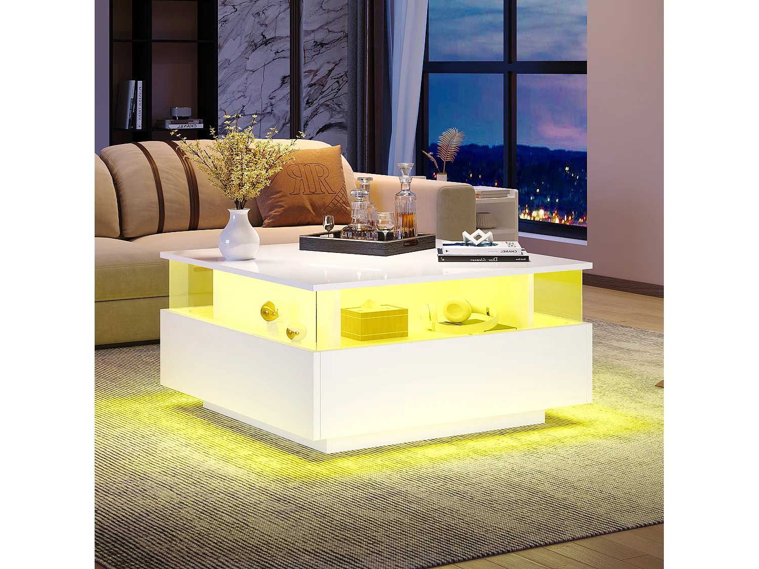 Table basse moderne LED haute brillance 70×70×41 cm avec 2 tiroirs et zone vitrine transparente, capacité 30 kg, idéale pour salon stylé.