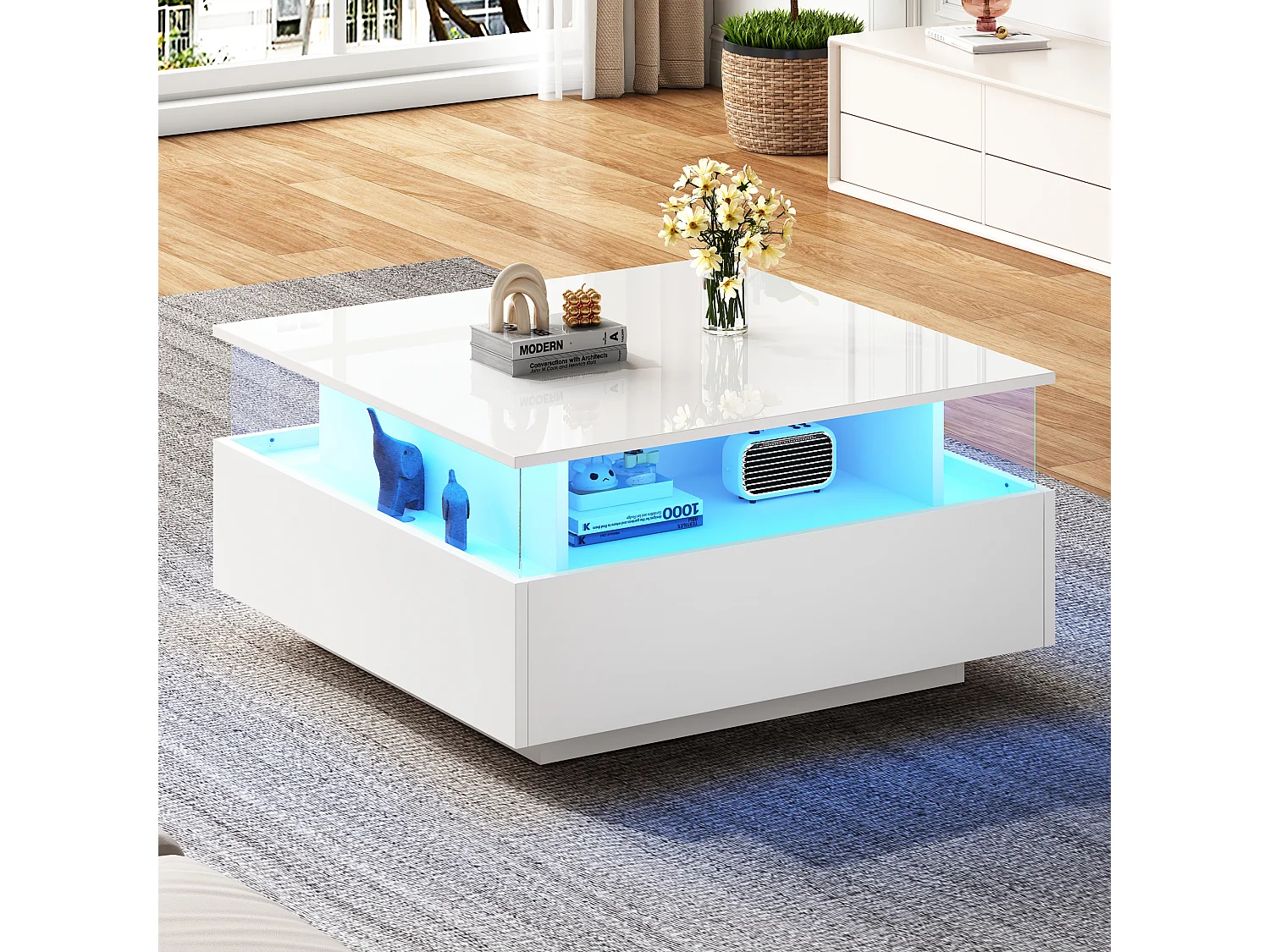 Table basse moderne LED haute brillance 70×70×41 cm avec 2 tiroirs et zone vitrine transparente, capacité 30 kg, idéale pour salon stylé.