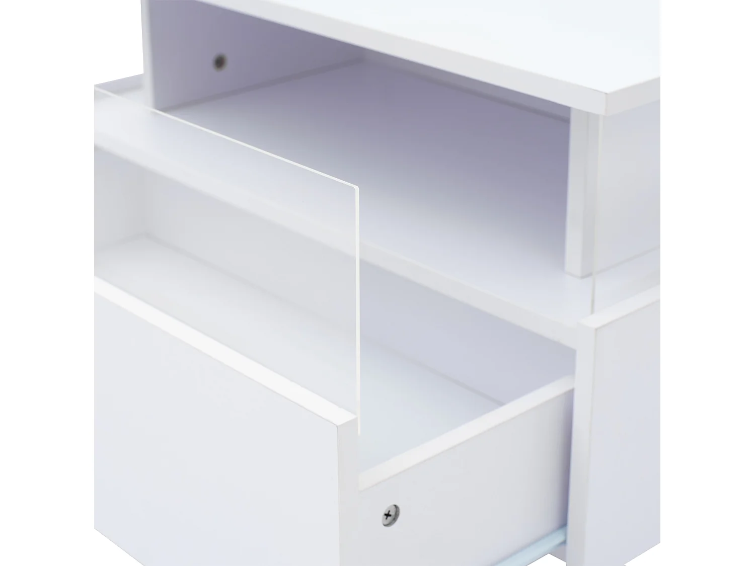 Table basse moderne LED haute brillance 70×70×41 cm avec 2 tiroirs et zone vitrine transparente, capacité 30 kg, idéale pour salon stylé.