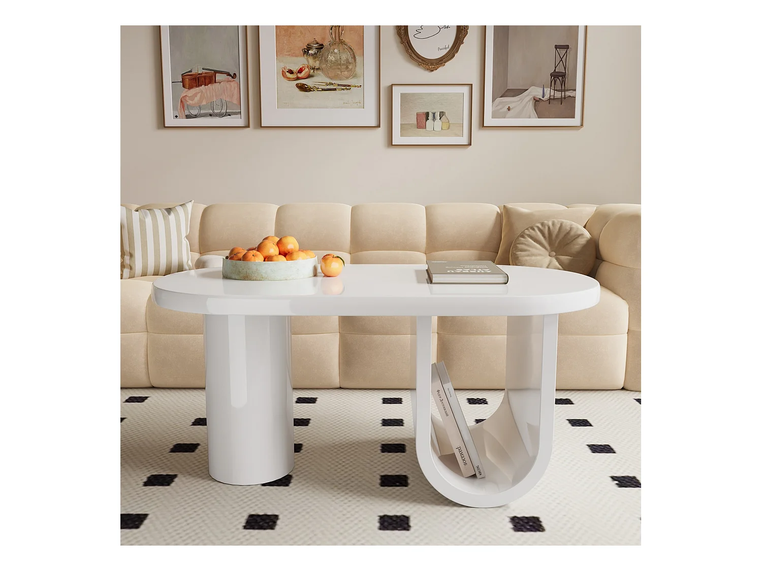 Table basse ovale blanche – design simple, pieds en U stables, surface facile à nettoyer, grand espace de rangement, 98,5x53,5x42 cm