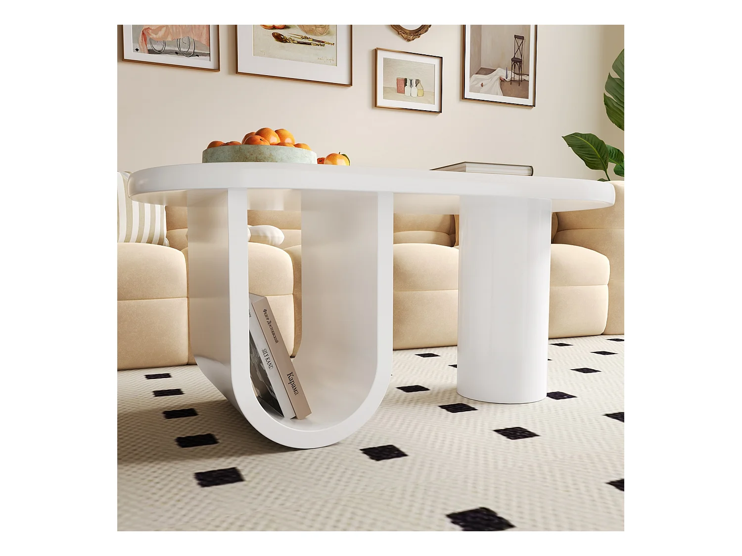 Table basse ovale blanche – design simple, pieds en U stables, surface facile à nettoyer, grand espace de rangement, 98,5x53,5x42 cm