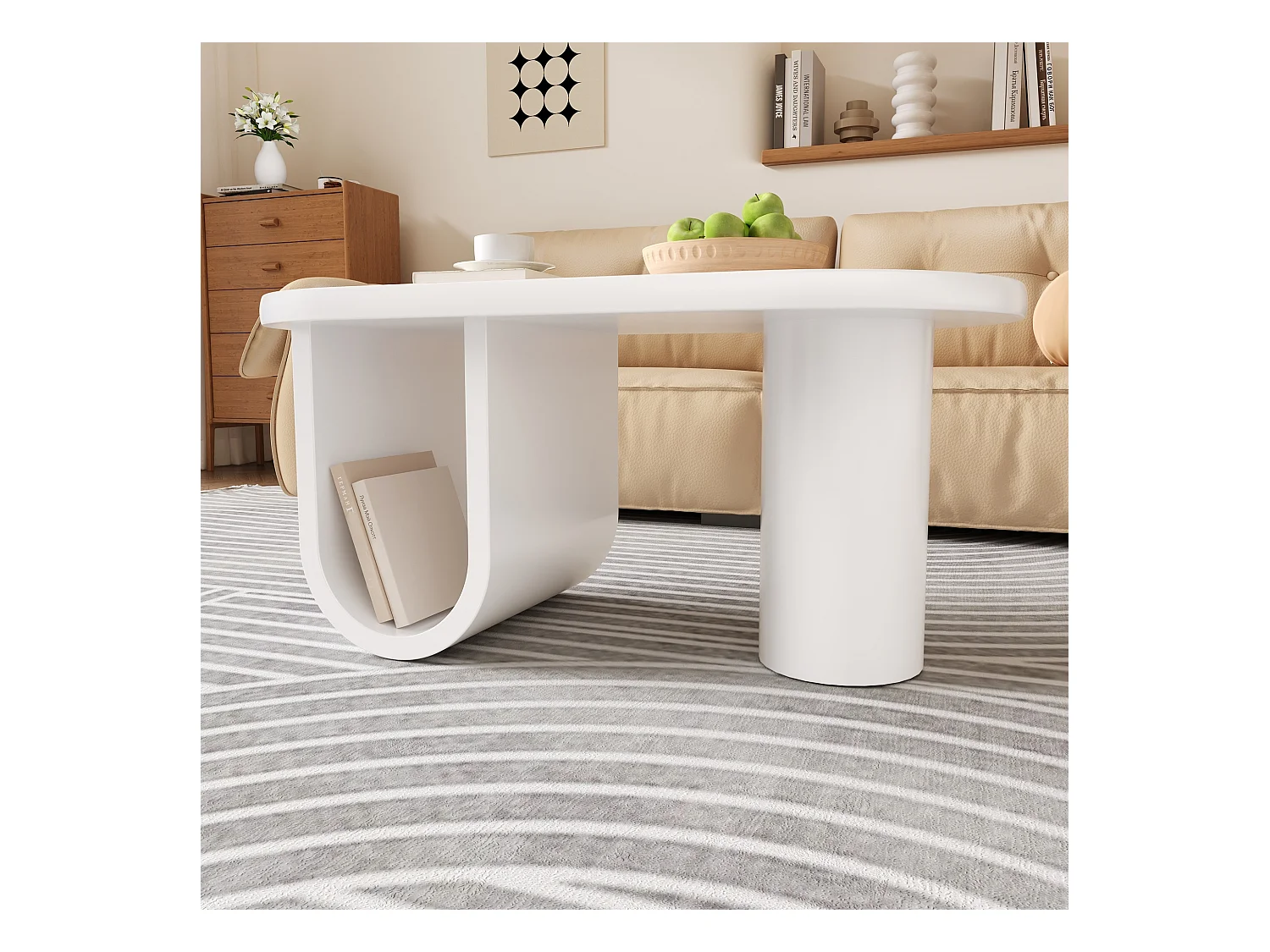 Table basse ovale blanche – design simple, pieds en U stables, surface facile à nettoyer, grand espace de rangement, 98,5x53,5x42 cm