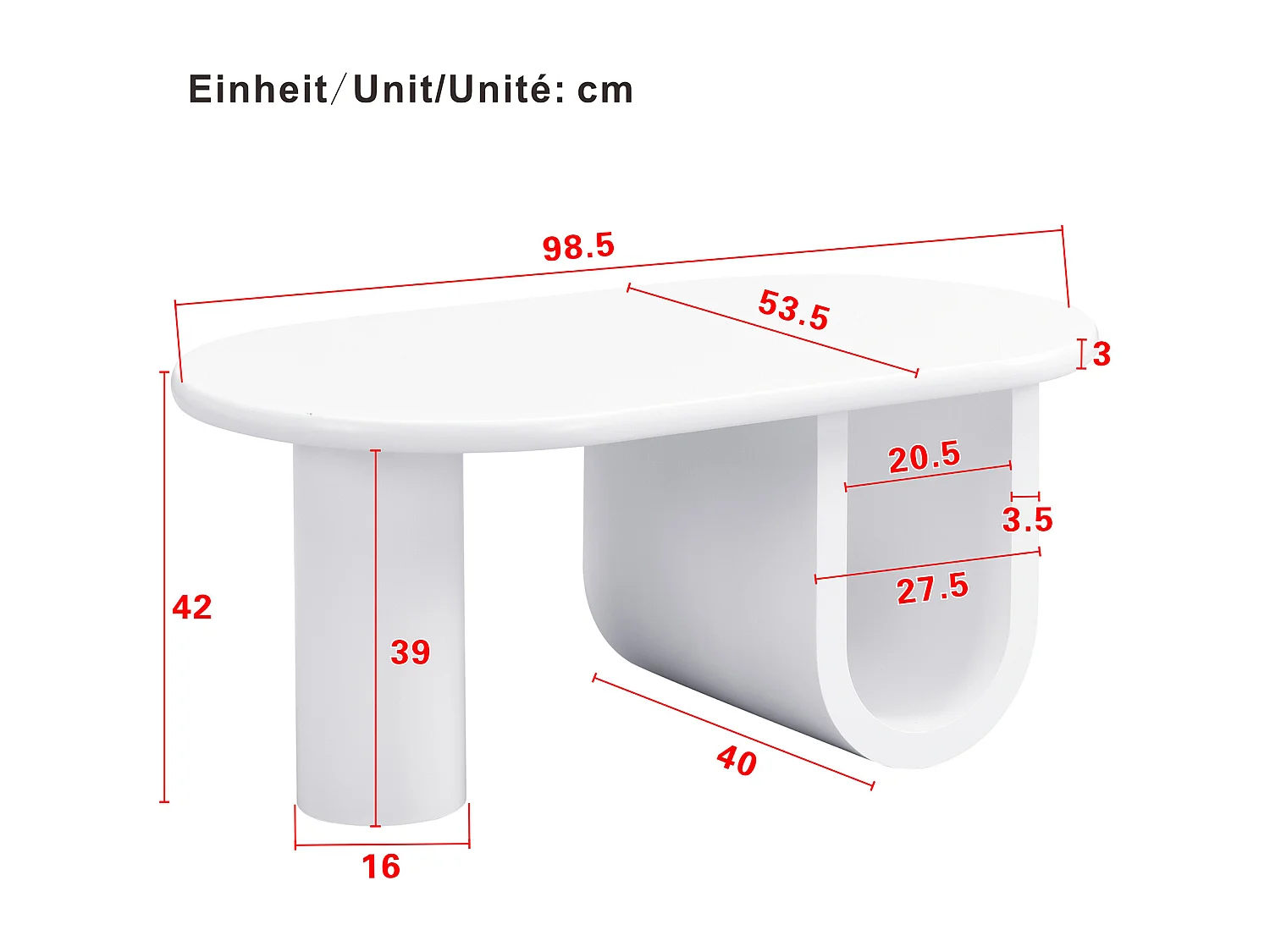 Table basse ovale blanche – design simple, pieds en U stables, surface facile à nettoyer, grand espace de rangement, 98,5x53,5x42 cm