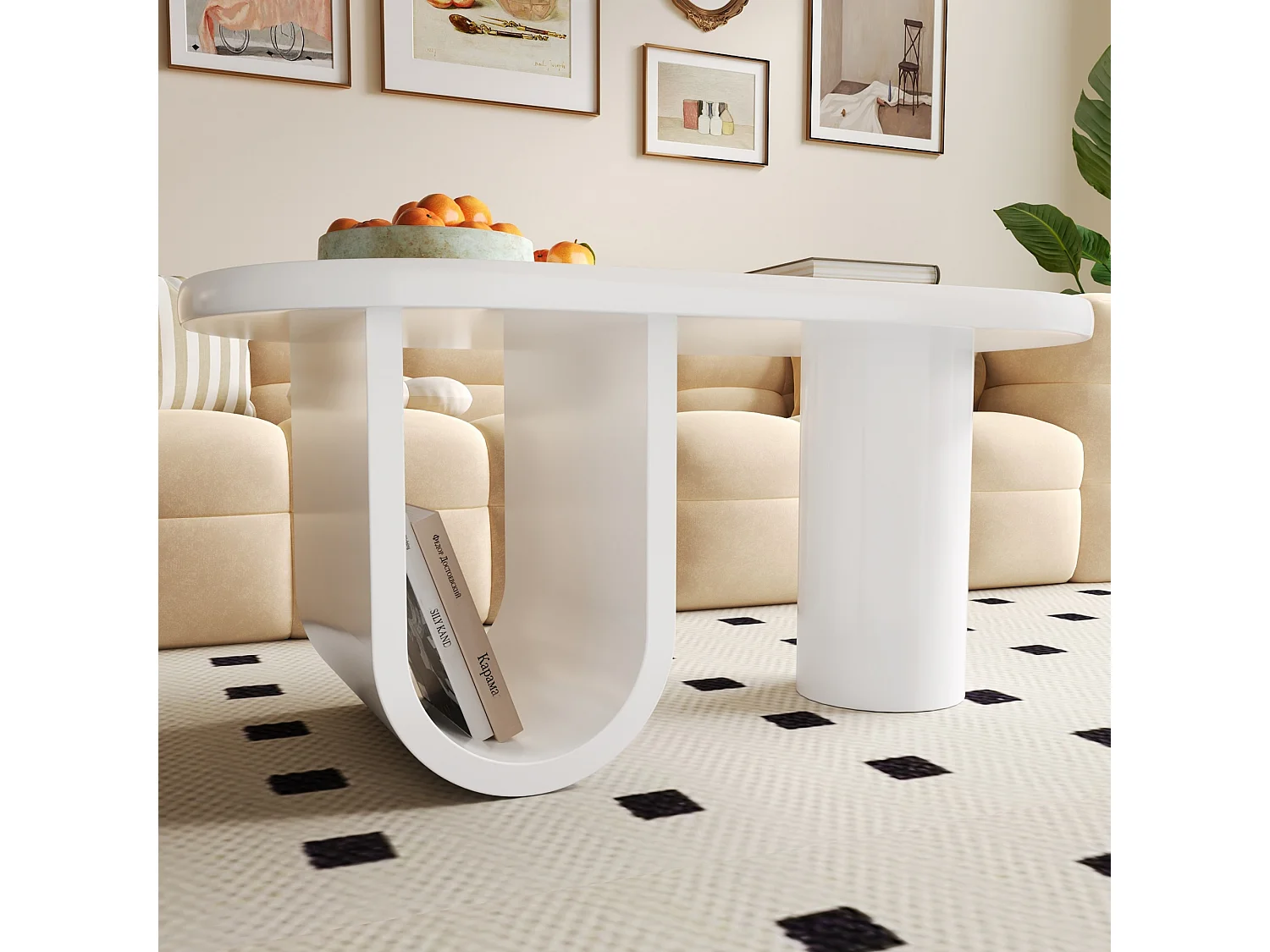 Table basse ovale blanche – design simple, pieds en U stables, surface facile à nettoyer, grand espace de rangement, 98,5x53,5x42 cm