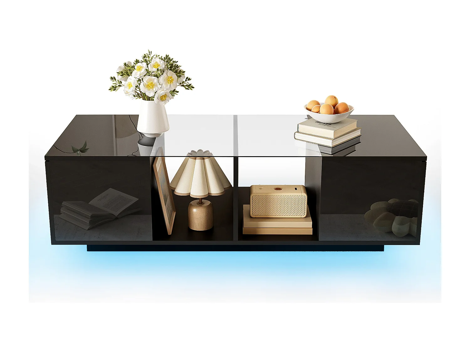 Table basse Noir moderne avec éclairage LED, plateau brillant, design élégant 120x50x38,5 cm