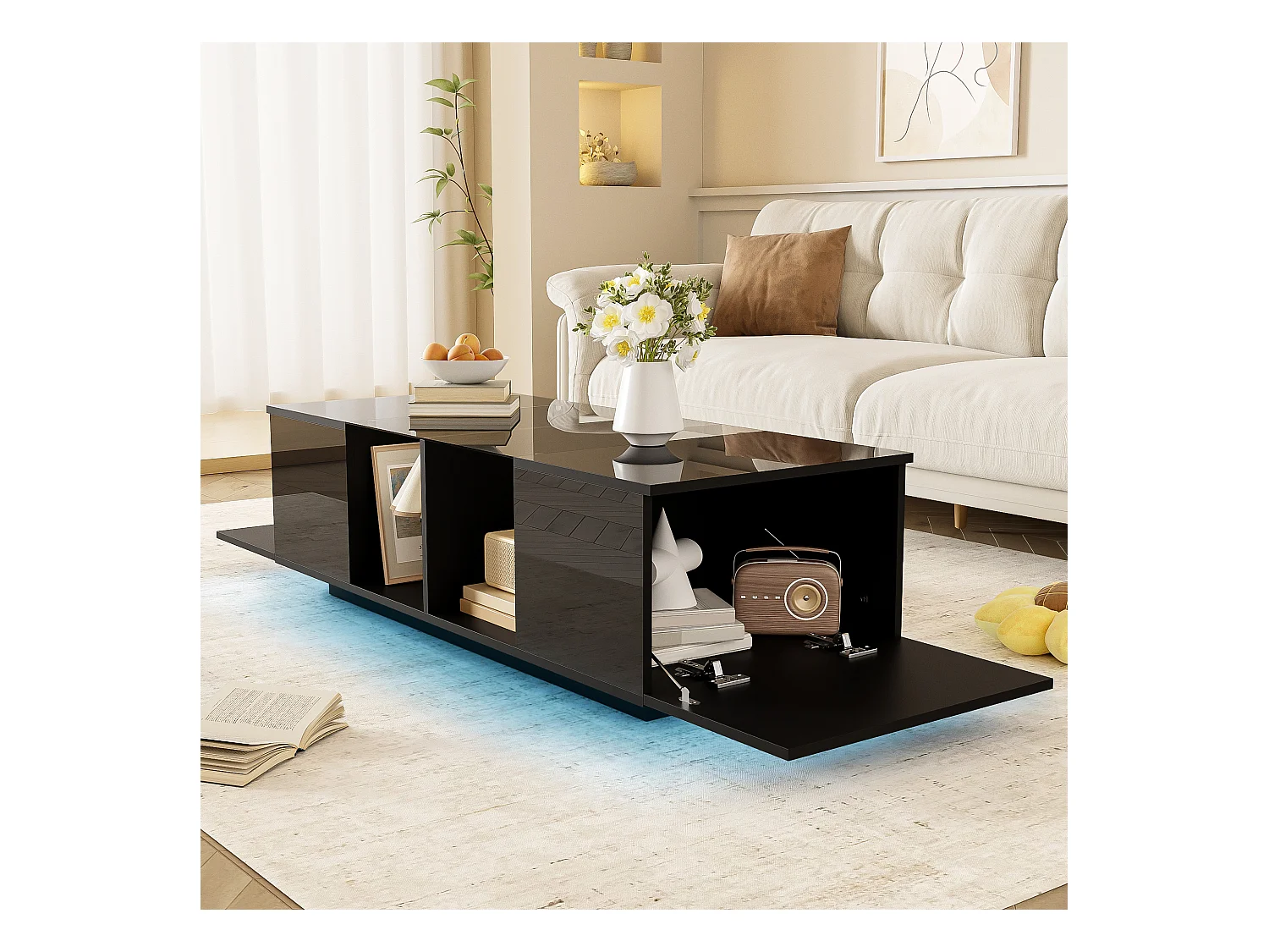 Table basse Noir moderne avec éclairage LED, plateau brillant, design élégant 120x50x38,5 cm