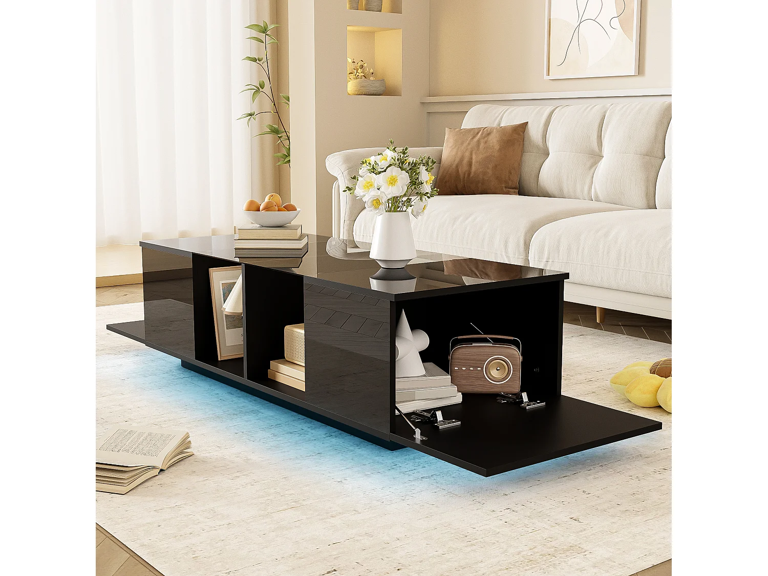 Table basse Noir moderne avec éclairage LED, plateau brillant, design élégant 120x50x38,5 cm