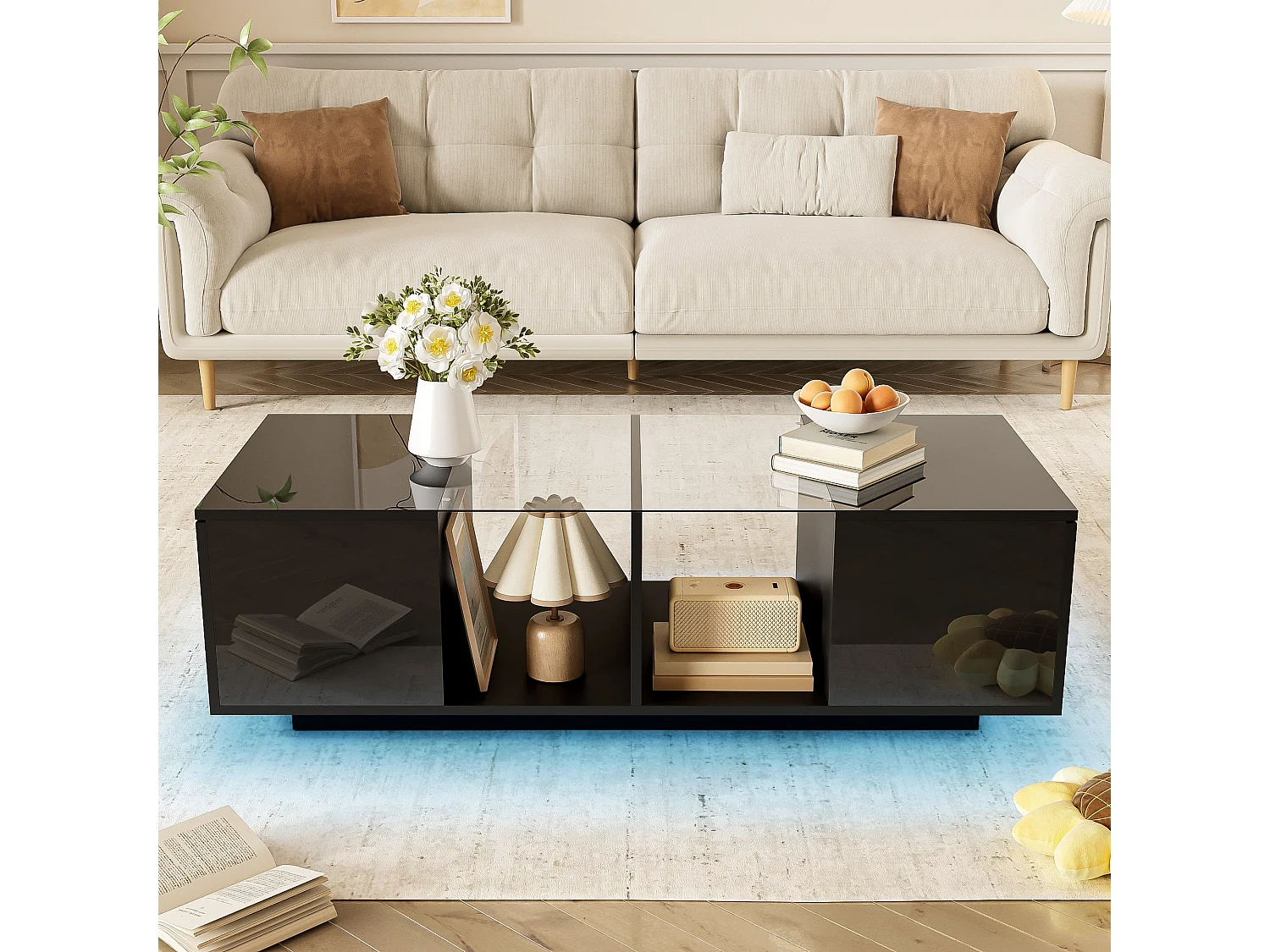 Table basse Noir moderne avec éclairage LED, plateau brillant, design élégant 120x50x38,5 cm