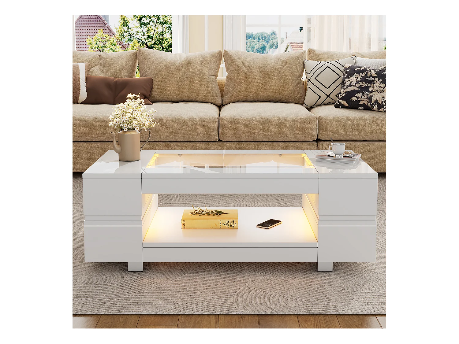 Table basse LED blanche avec contrôle APP Bluetooth, idéale comme table de salon, canapé ou café, adaptée pour fêtes, bureaux et salons.