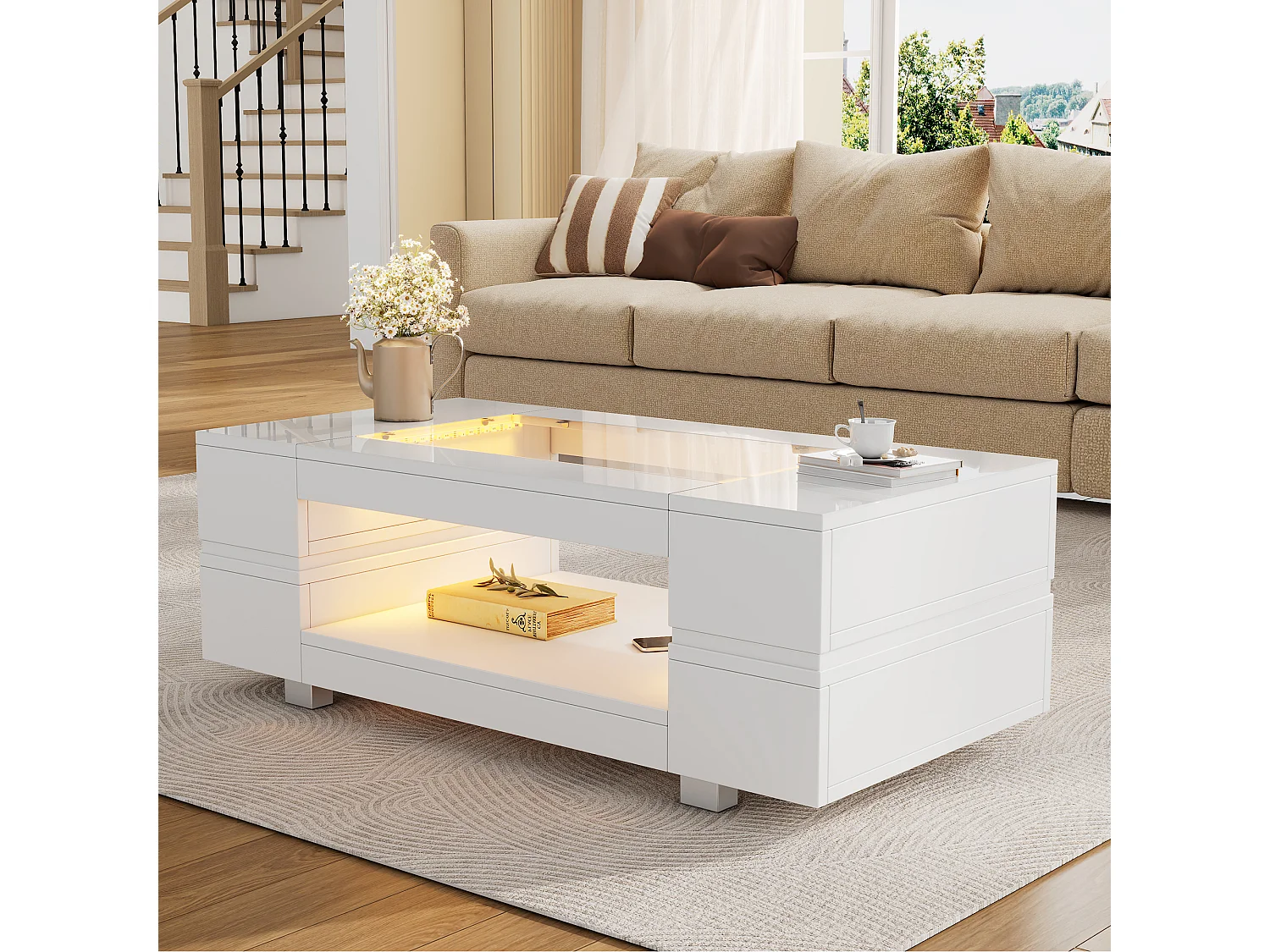 Table basse LED blanche avec contrôle APP Bluetooth, idéale comme table de salon, canapé ou café, adaptée pour fêtes, bureaux et salons.